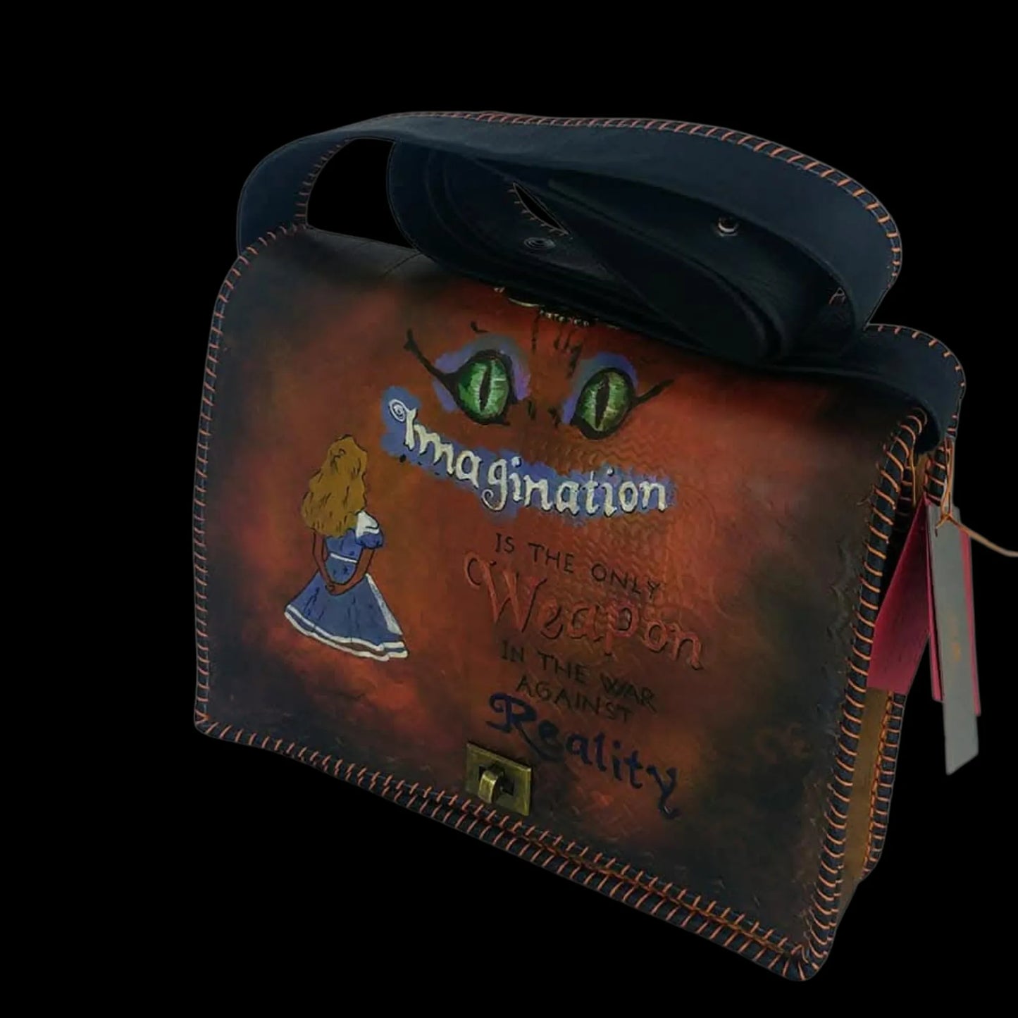 Handmade dark leather bag with a painted face in orange tones - AG Design, Arad, Romania