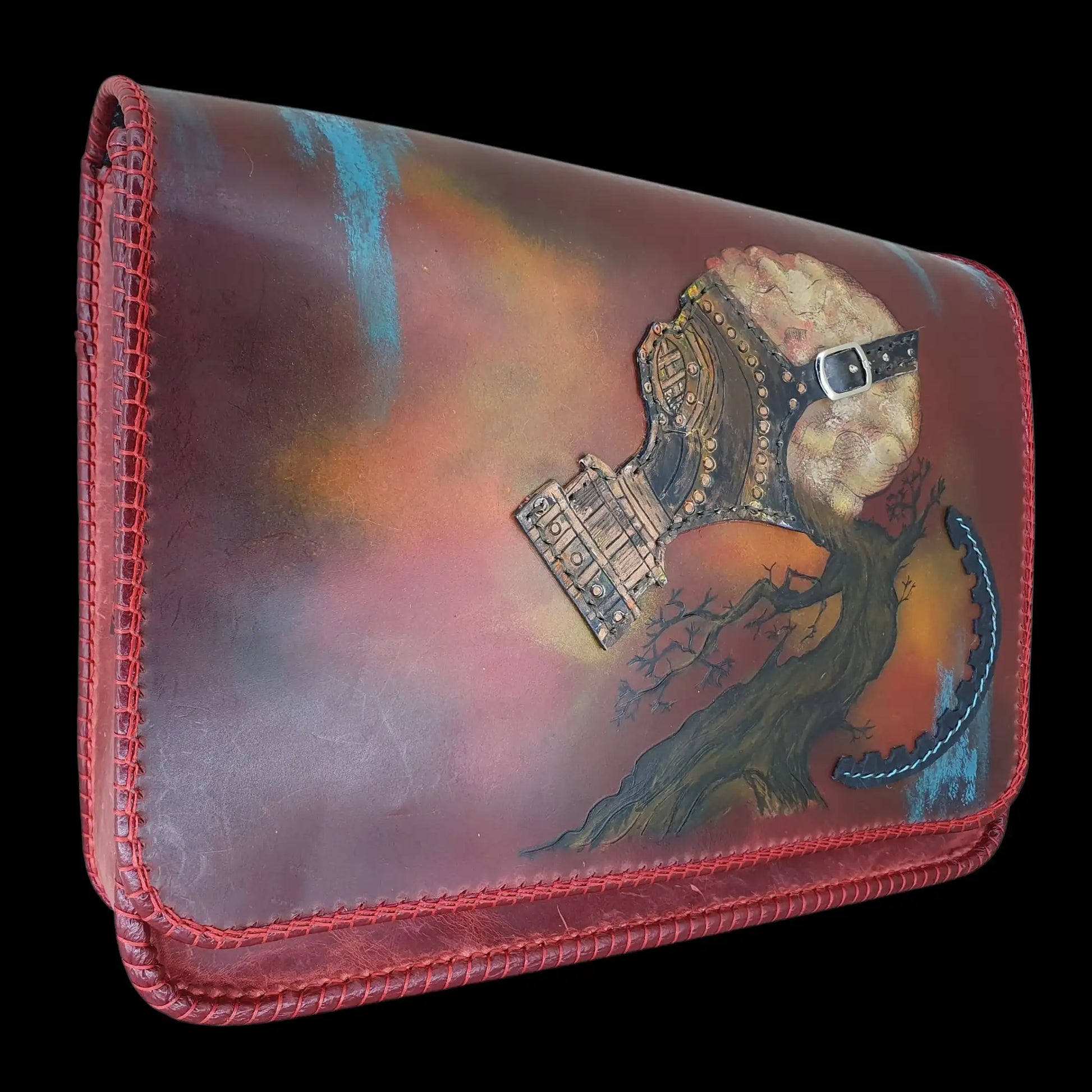 Handmade tan leather bag with a hand-painted face - AG Design, Arad, Romania