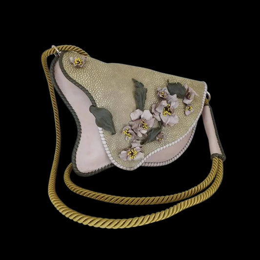Handmade white leather bag with a sculpted face and gold cord - AG Design, Arad, Romania
