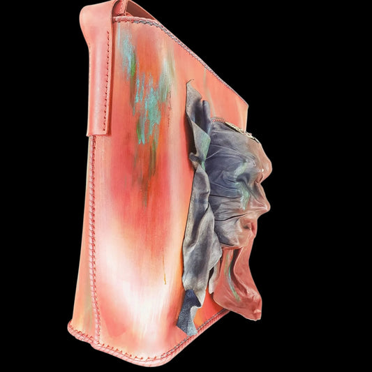 Handmade coral leather purse with a covered sculpted 3D face - AG Design, Arad, Romania