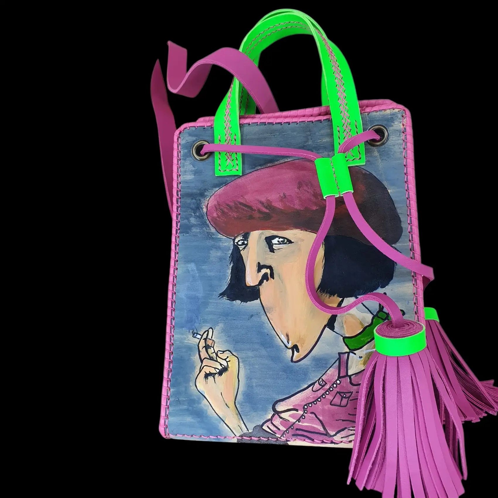 Handmade colourful leather tote with a painted figure and tassel - AG Design, Arad, Romania