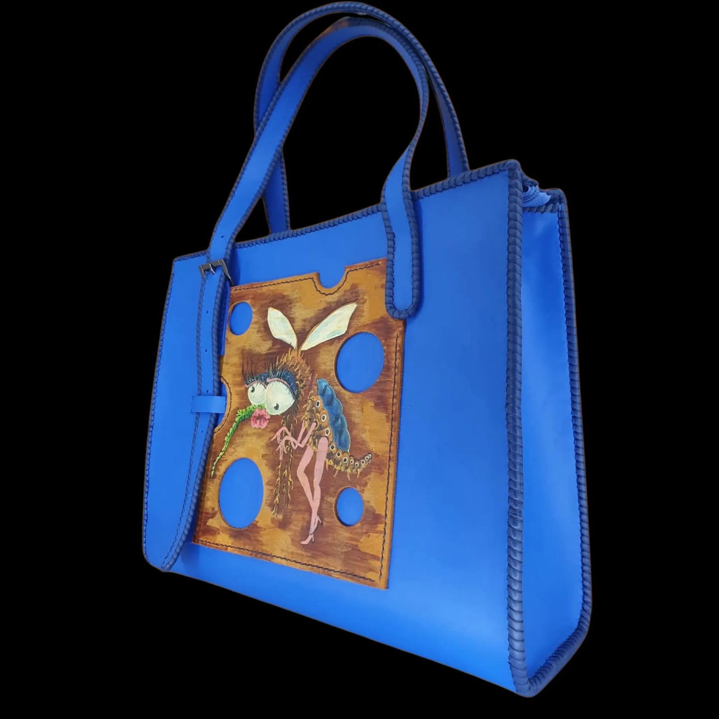 Handmade blue leather handbag with a painted figure - AG Design, Arad, Romania