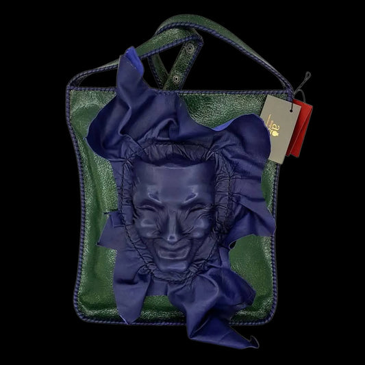 Handmade purple leather bag with a painted blue figure - AG Design, Arad, Romania