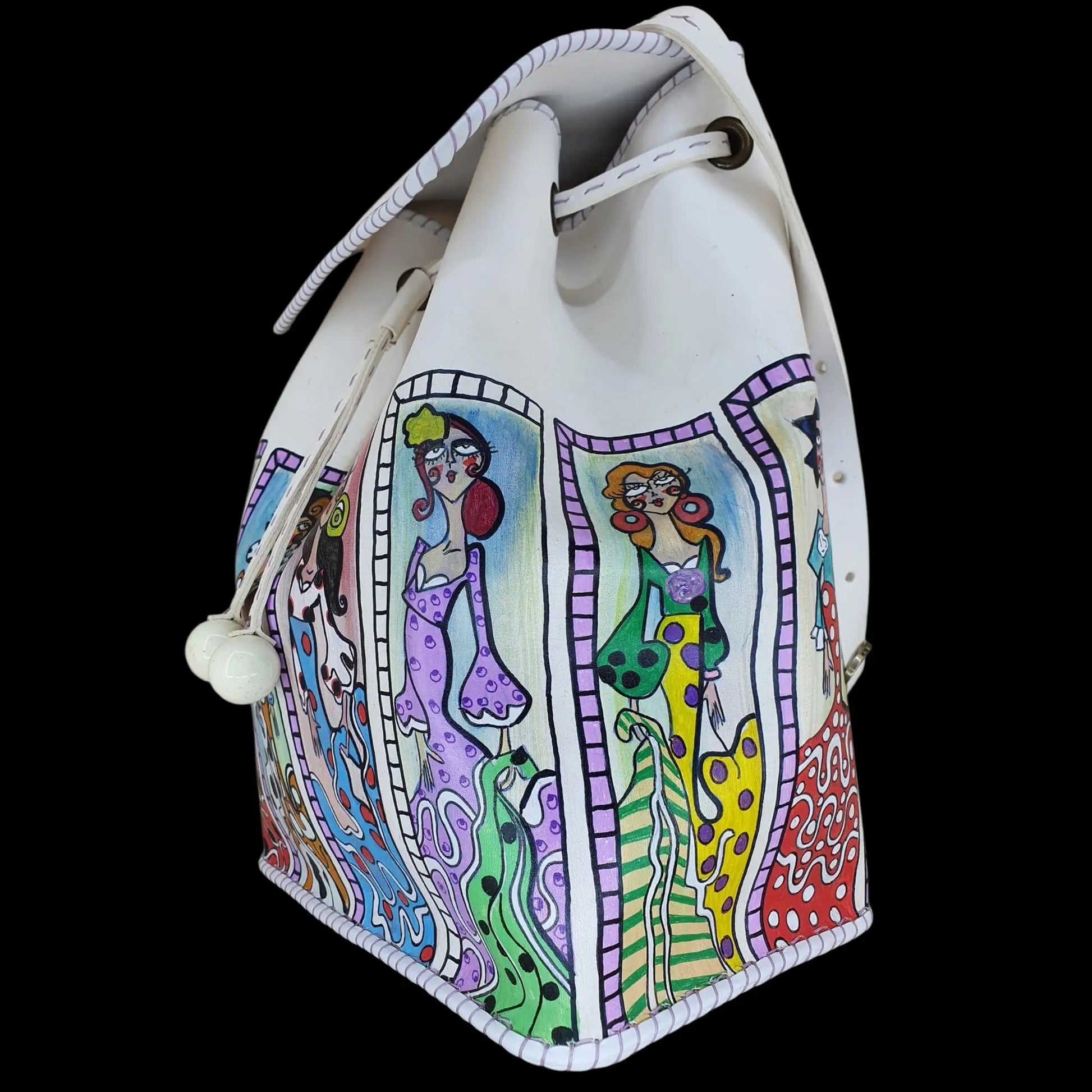 Handmade cream leather bucket bag with colourful painted figures - AG Design, Arad, Romania