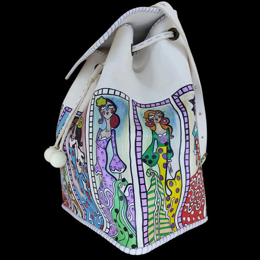 Handmade cream leather bucket bag with colourful painted figures - AG Design, Arad, Romania