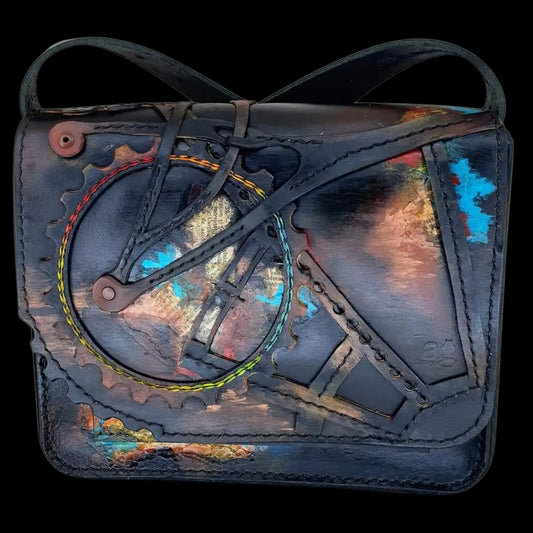 Handmade dark leather bag with a painted figure and cords - AG Design, Arad, Romania