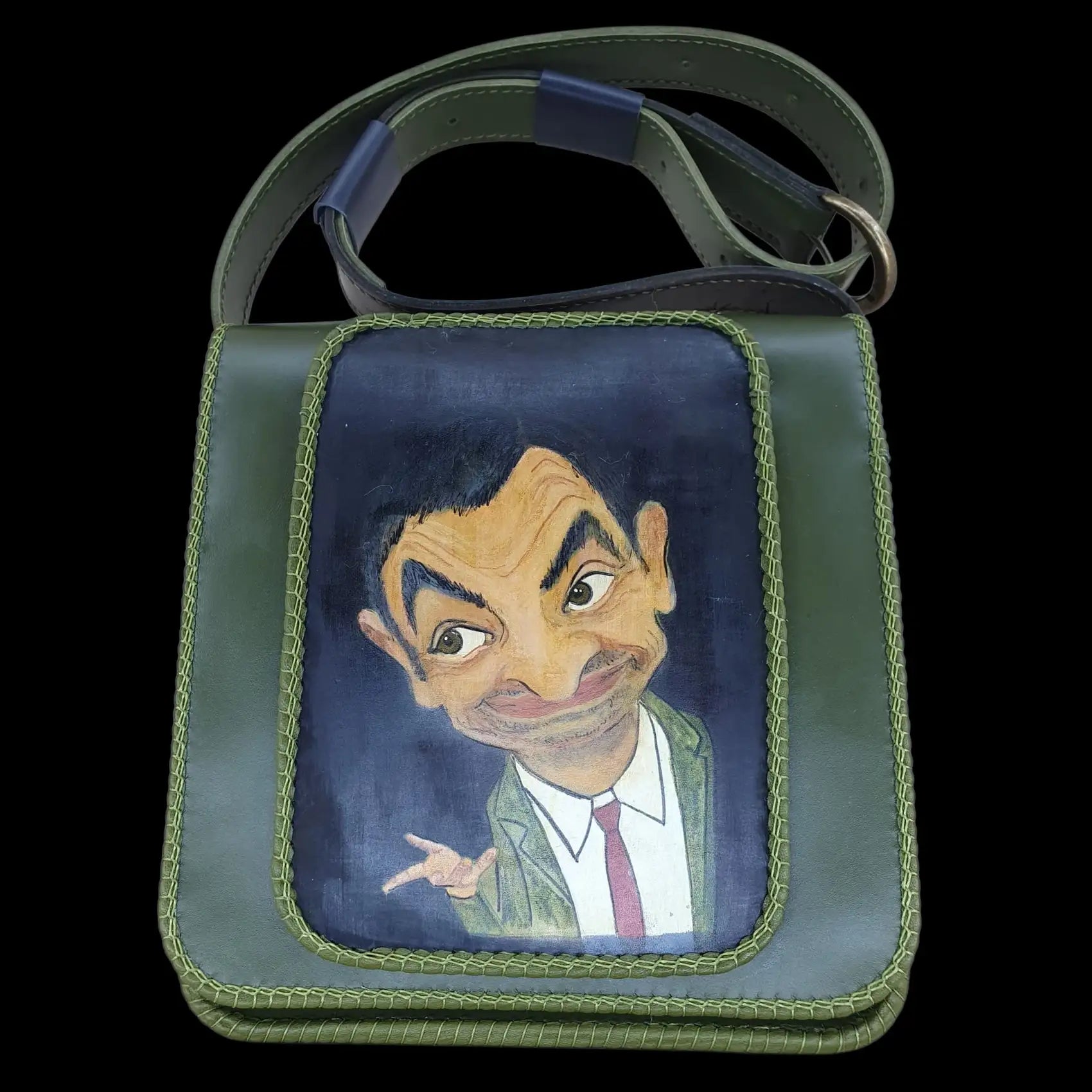 Handmade dark leather bag with a painted figure in a suit - AG Design, Arad, Romania