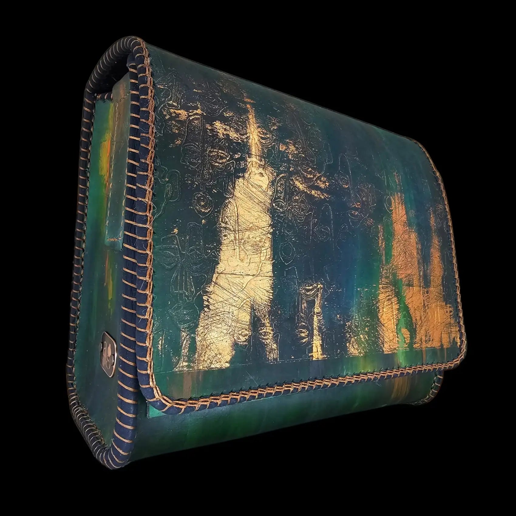 Handmade dark leather bag with painted figures - AG Design, Arad, Romania