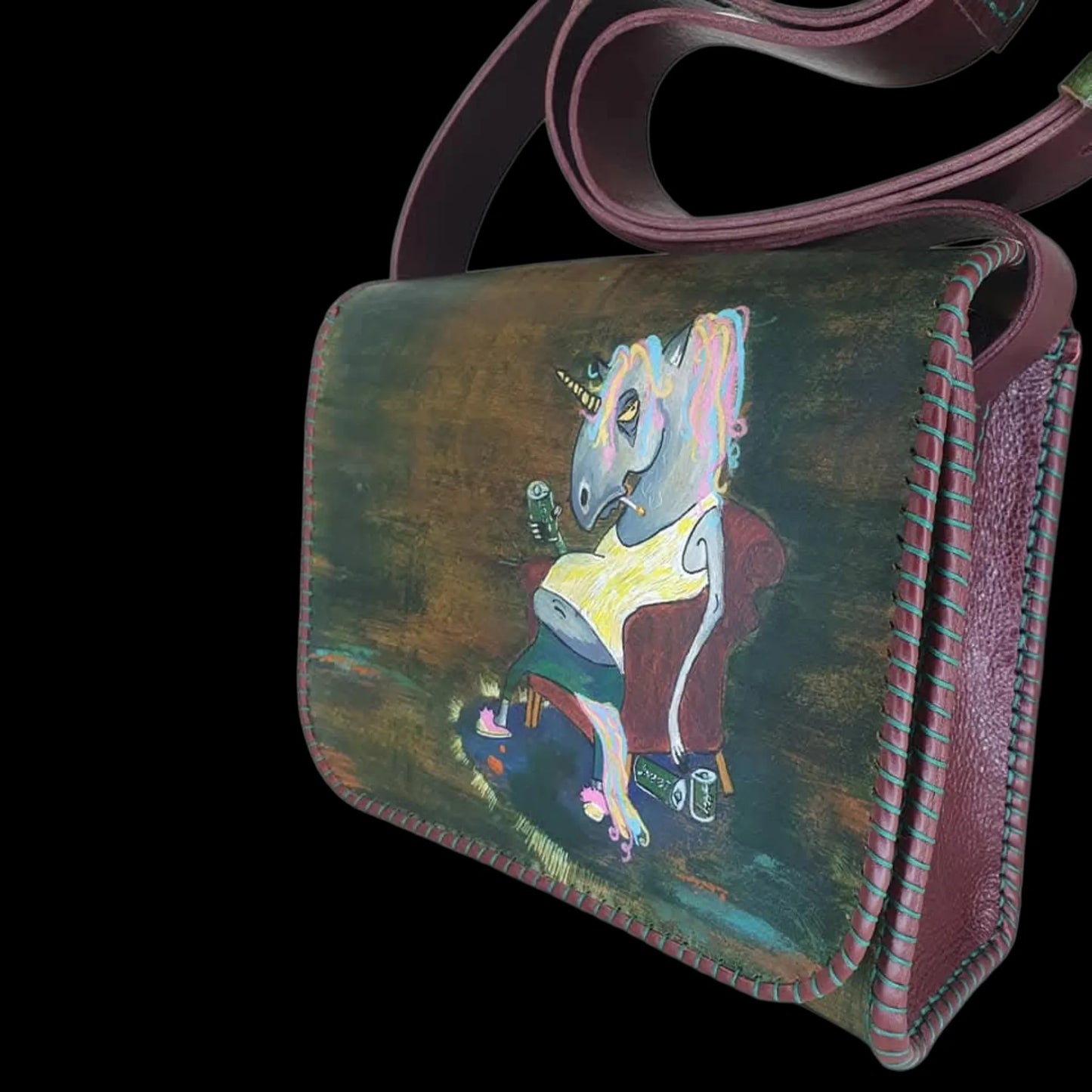 Handmade dark leather bag with a painted girl figure - AG Design, Arad, Romania