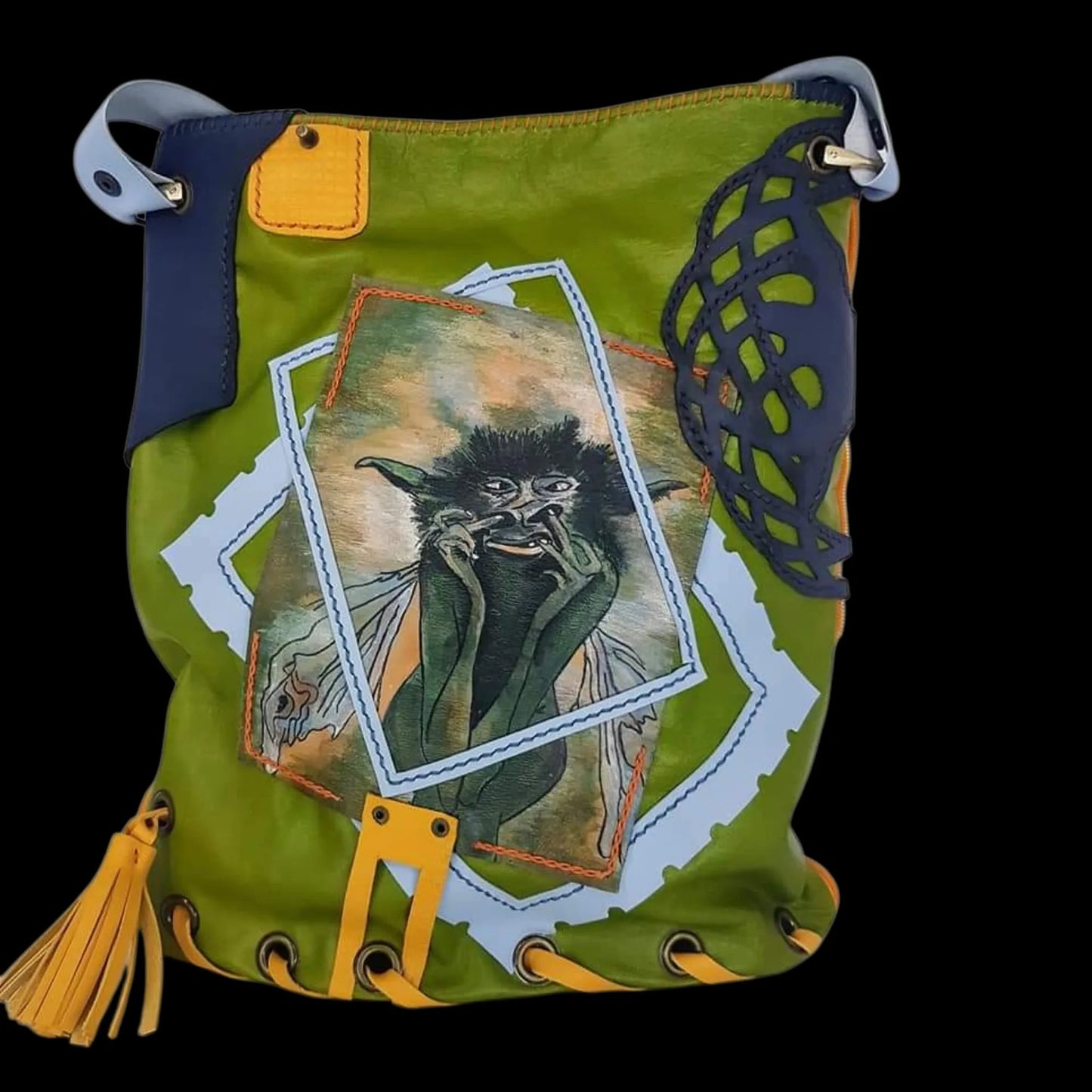 Handmade green leather crossbody bag with painted figures and a tassel - AG Design, Arad, Romania