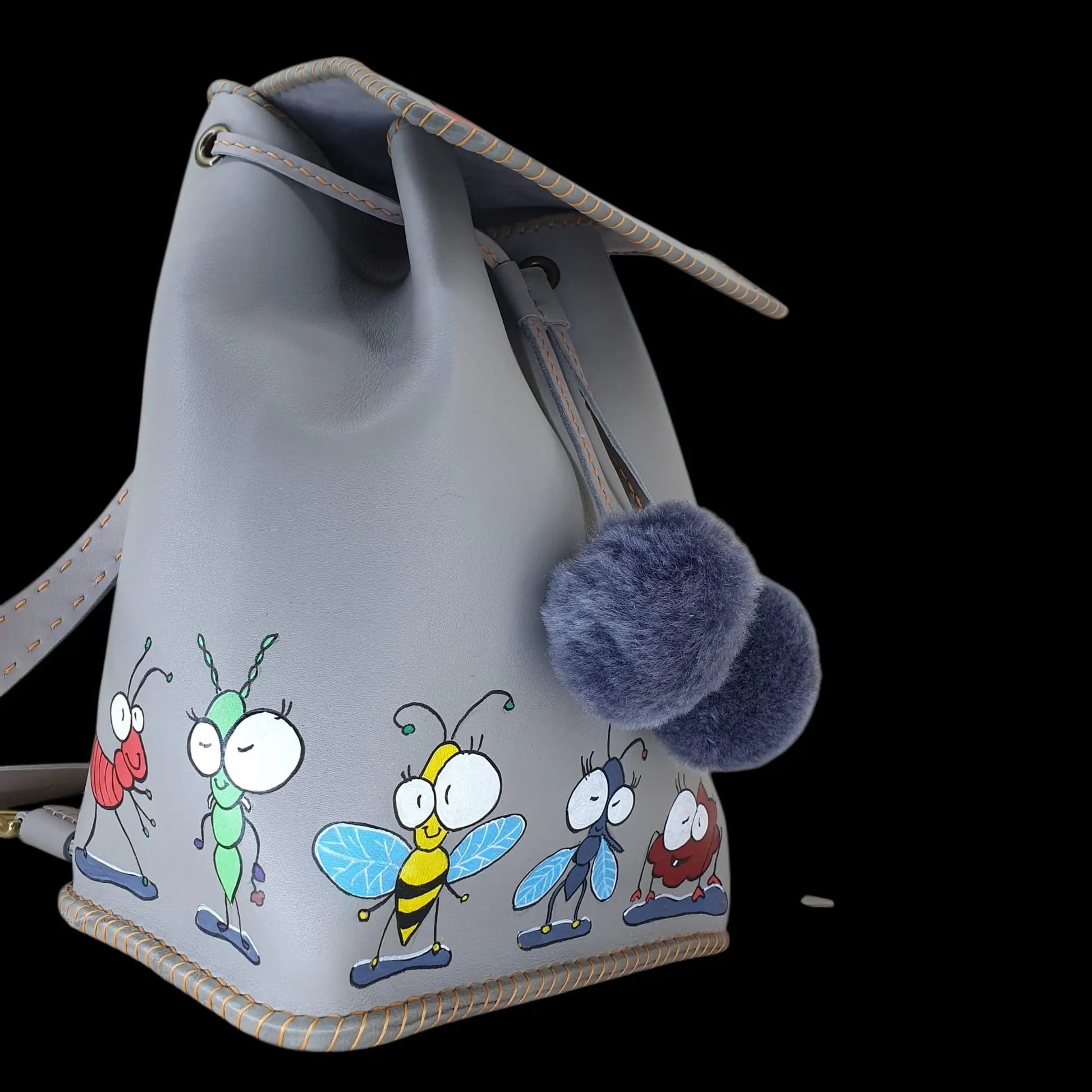 Handmade grey leather bag with painted figures - AG Design, Arad, Romania