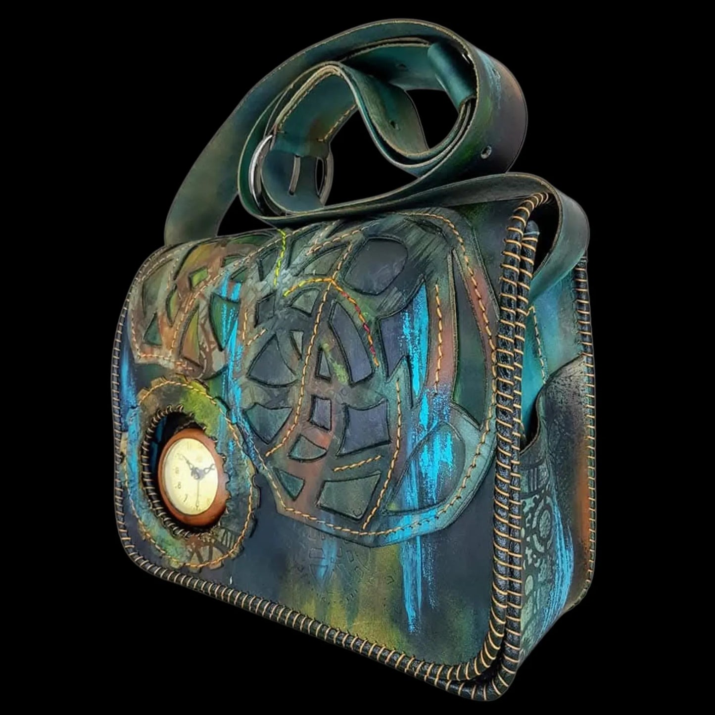 Handmade dark blue leather bag with a painted figure and medallion - AG Design, Arad, Romania