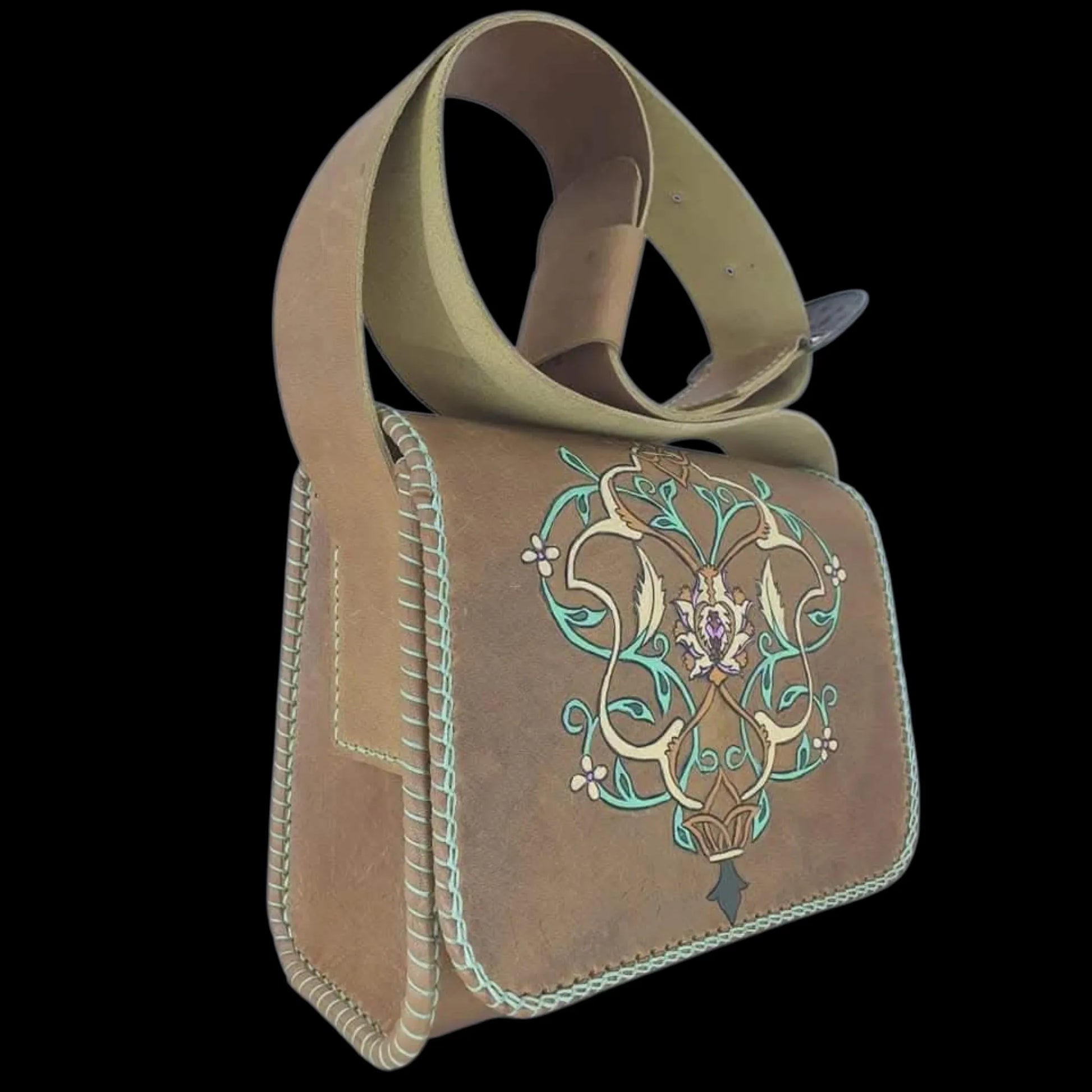 Handmade olive leather bag with a painted figure and studs - AG Design, Arad, Romania
