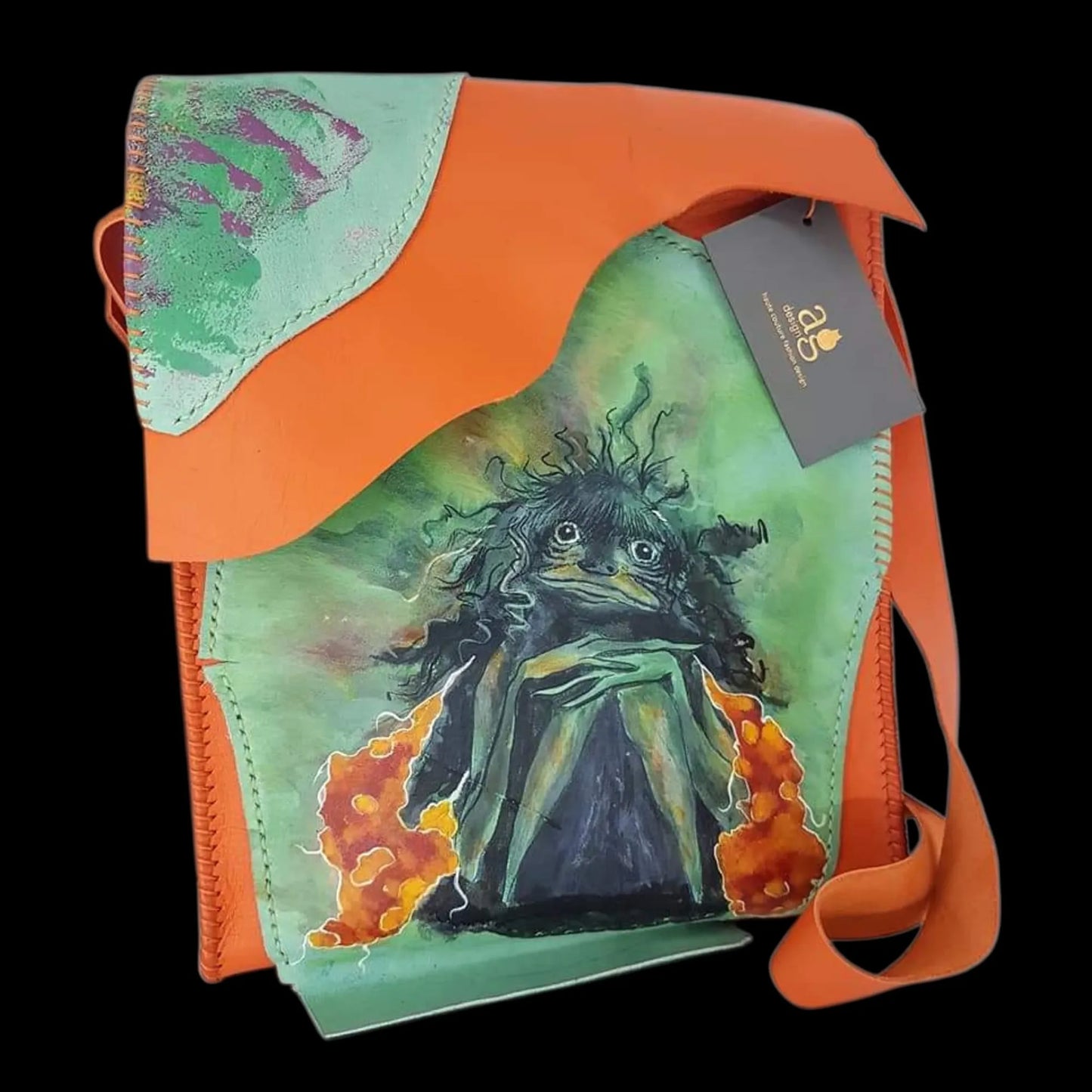 Handmade orange leather bag with a painted figure - AG Design, Arad, Romania
