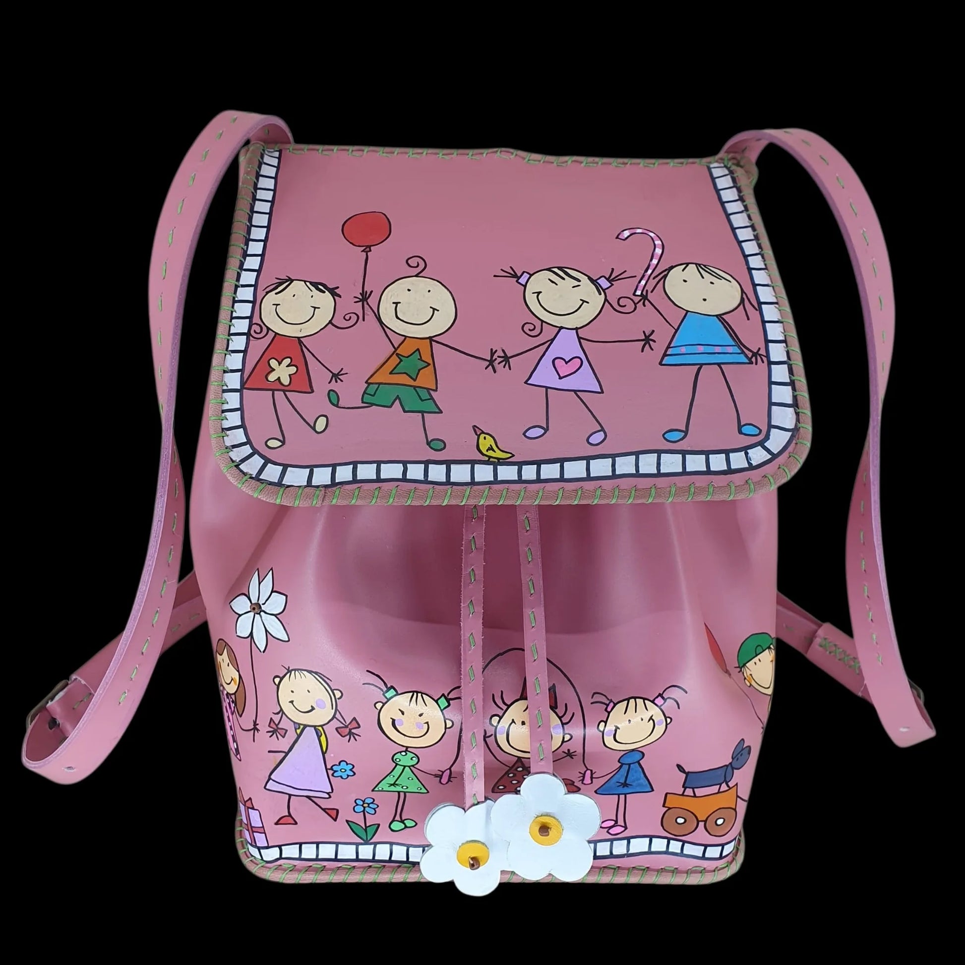 Handmade pink leather crossbody bag with painted figures - AG Design, Arad, Romania