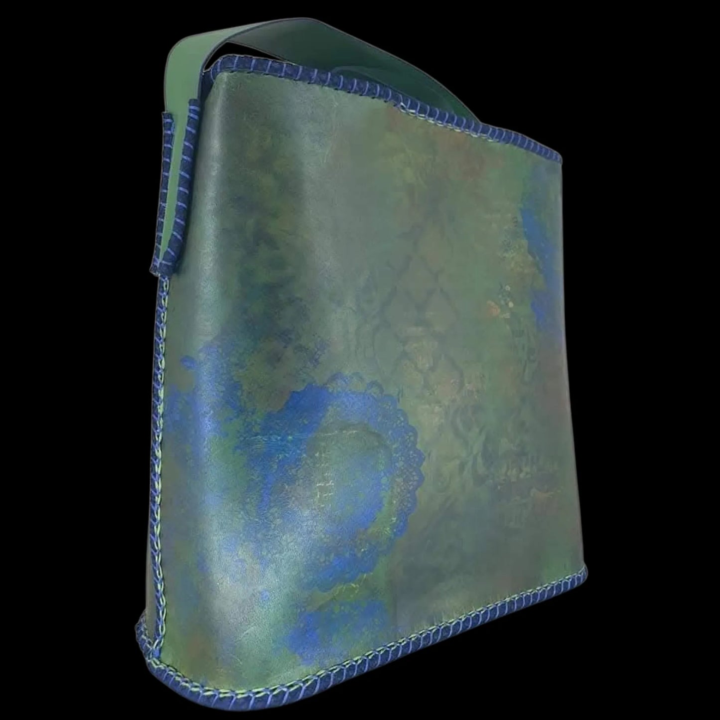 Handmade blue leather structured bag with a painted figure - AG Design, Arad, Romania