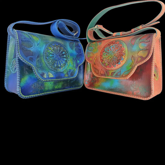 Handmade green and blue leather structured bag with painted figures - AG Design, Arad, Romania