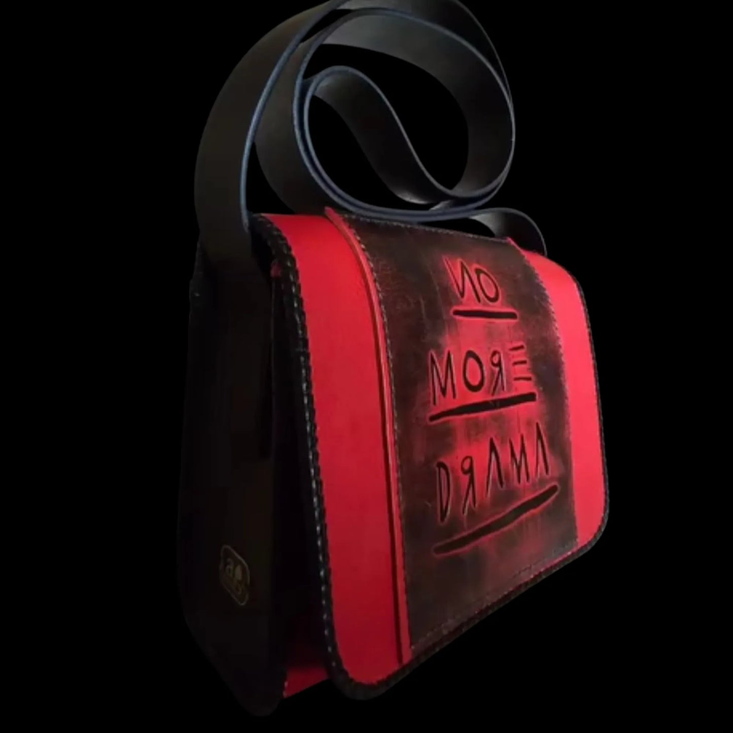 Handmade red leather bag embossed with the words No More Drama - AG Design, Arad, Romania
