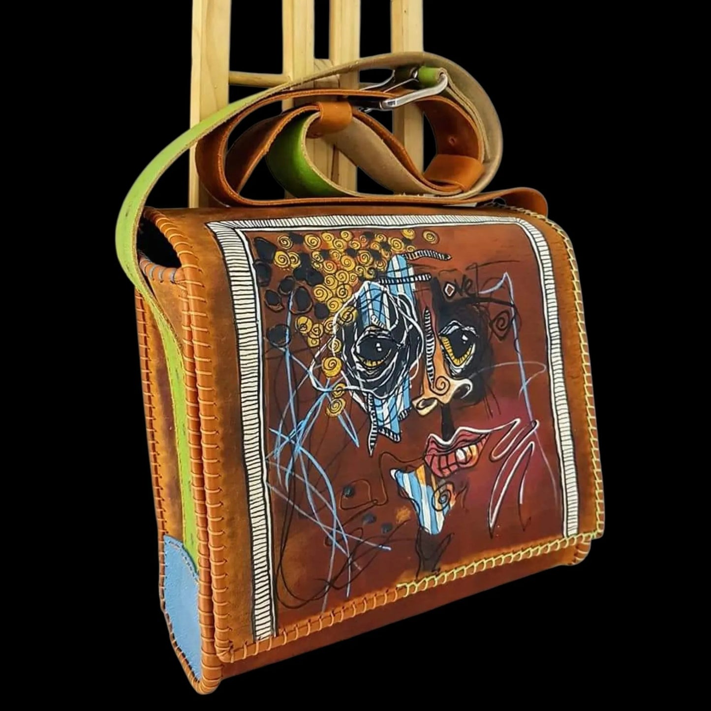 Handmade tan leather bag with a painted figure and studs - AG Design, Arad, Romania