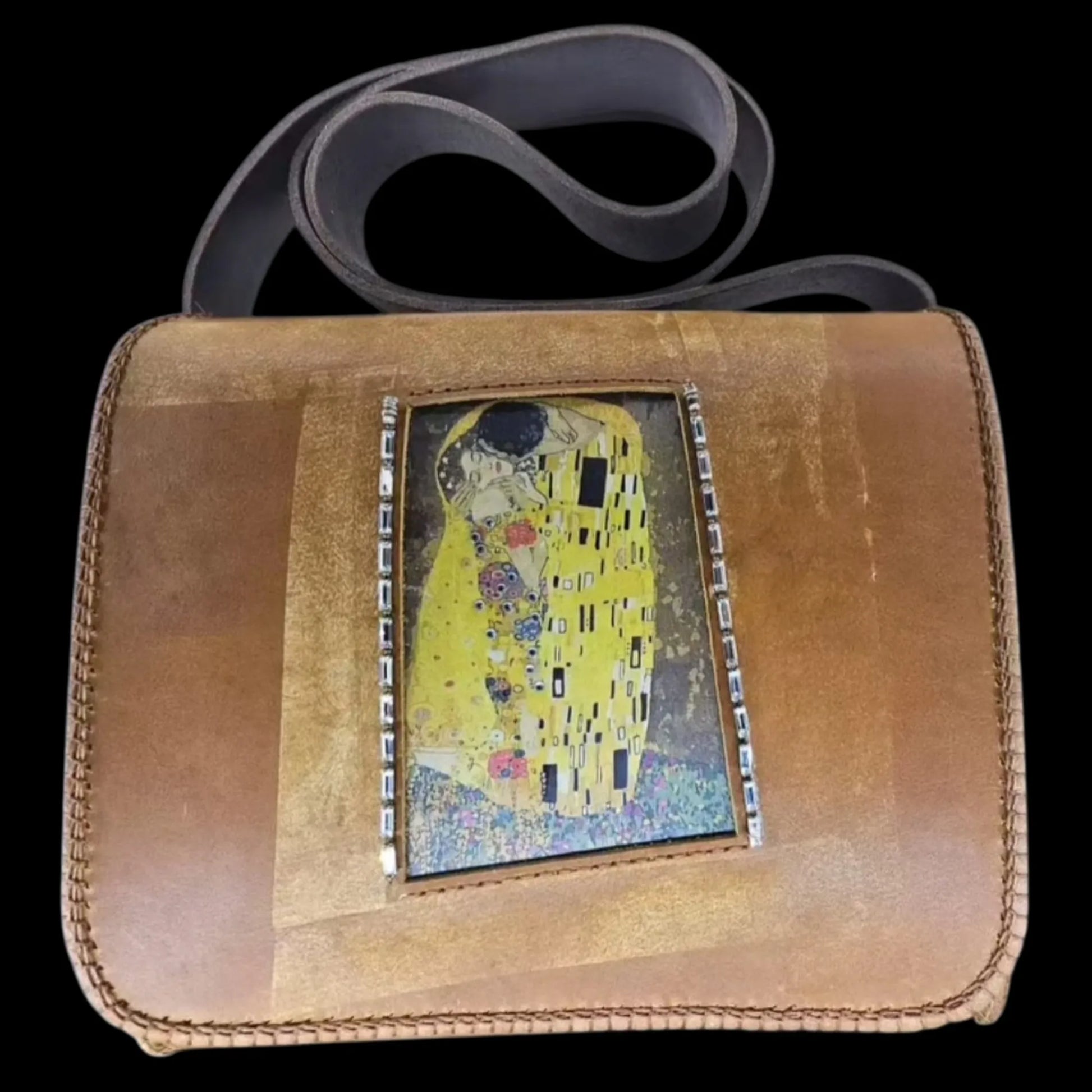 Handmade tan leather bag with a framed painted figure - AG Design, Arad, Romania
