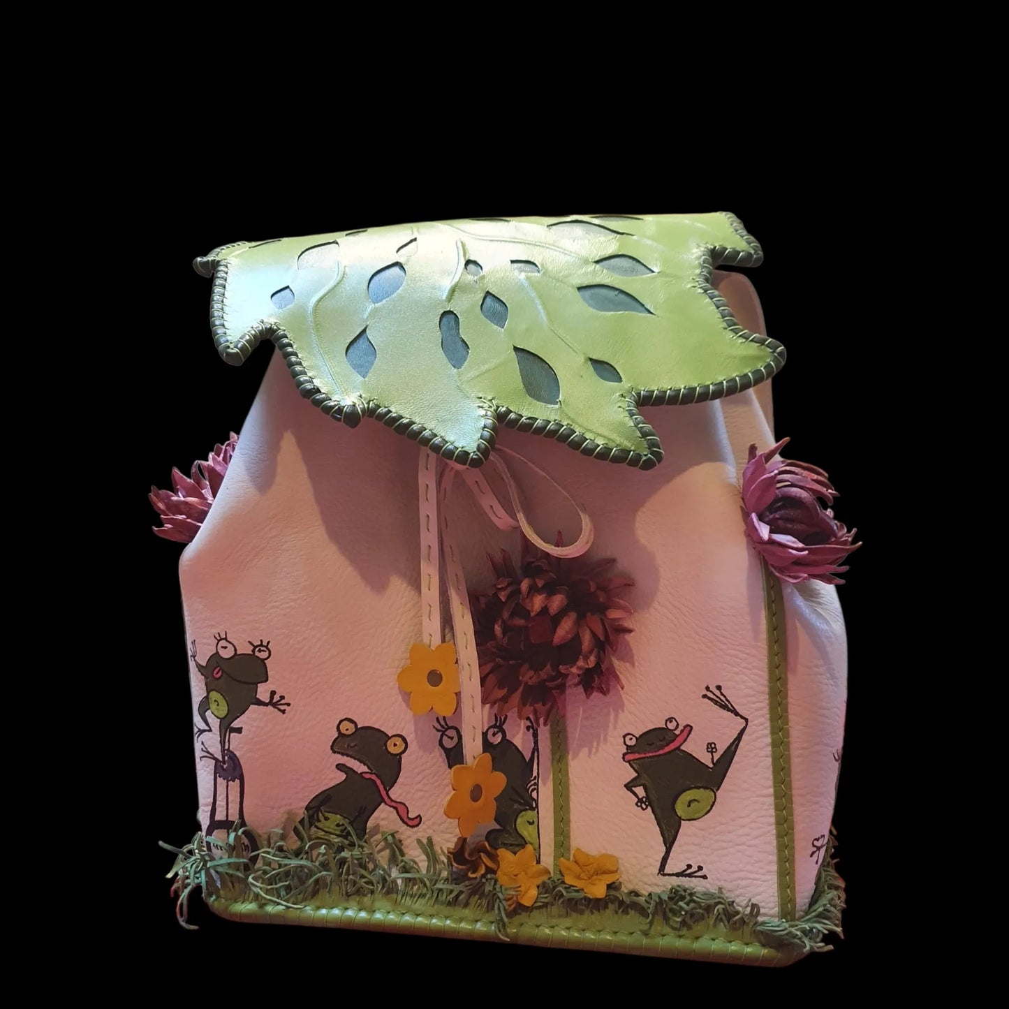 Handmade light leather bag with painted flowers - AG Design, Arad, Romania