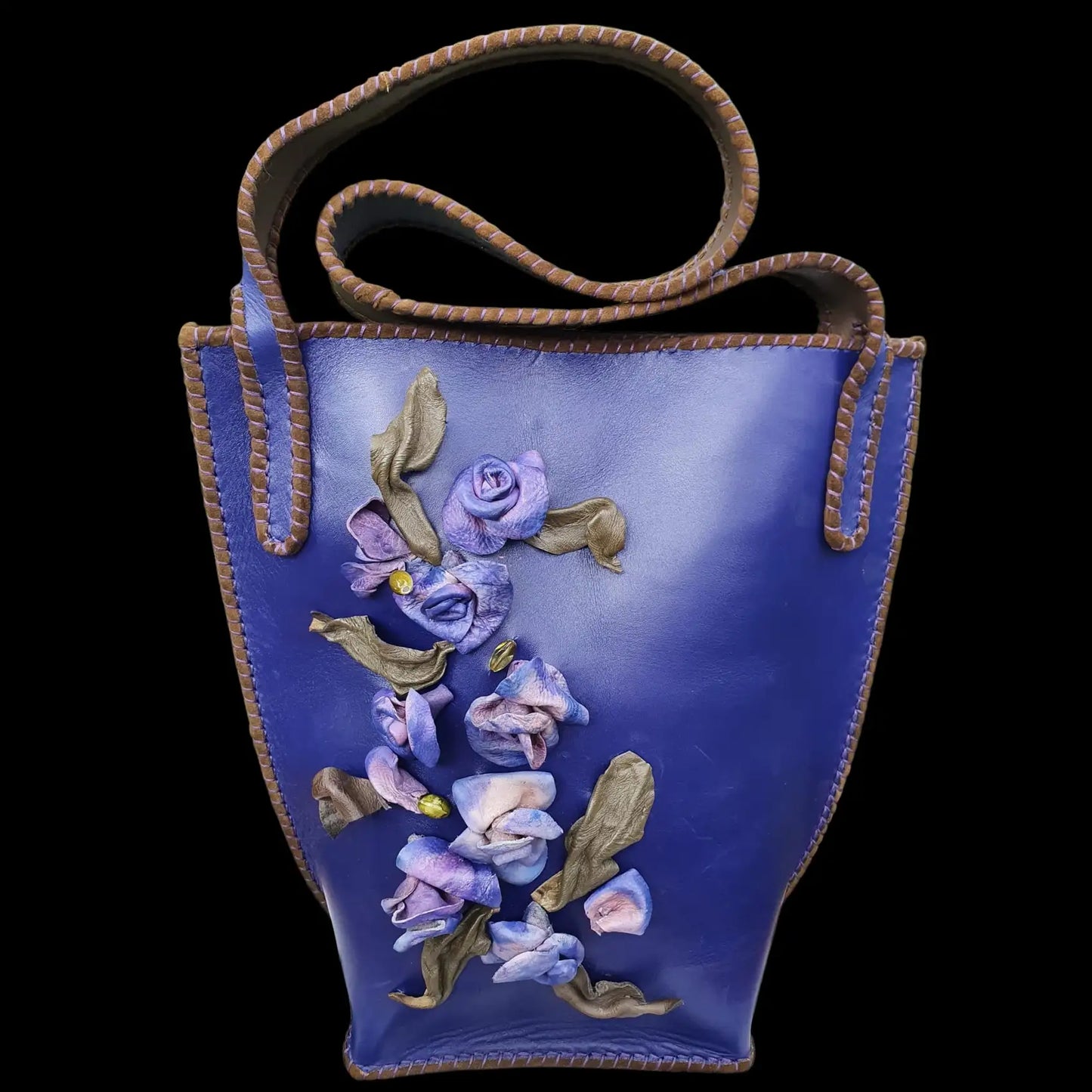 Handmade blue leather bag with a painted figure and flowers - AG Design, Arad, Romania