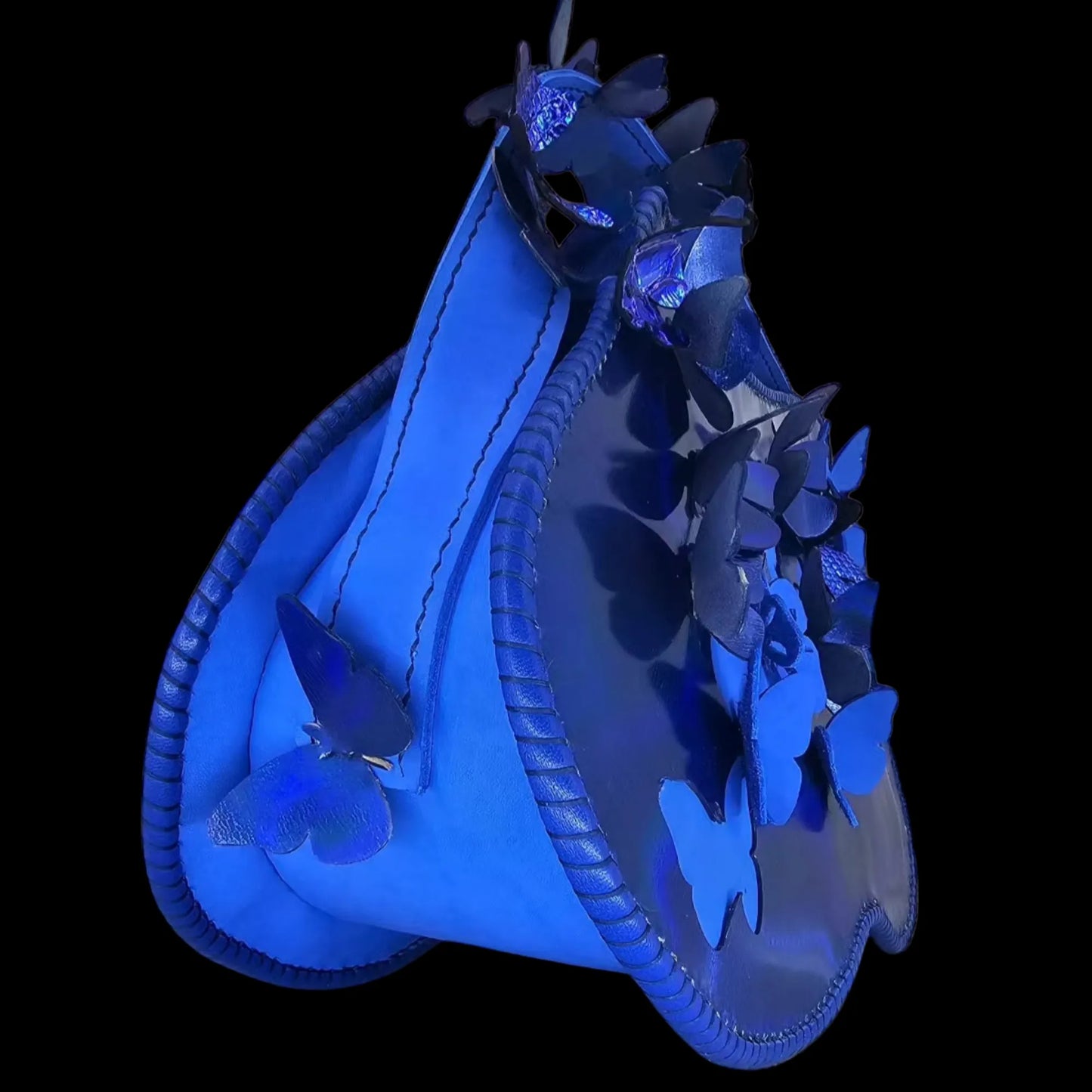 Handmade blue leather bag with a sculpted dark flower - AG Design, Arad, Romania