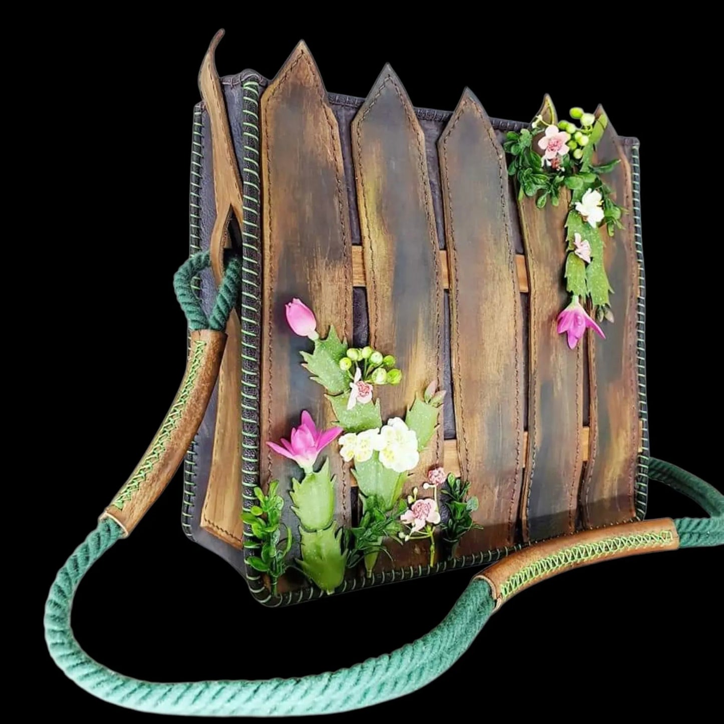 Handmade brown leather bag with sculpted leather flowers - AG Design, Arad, Romania