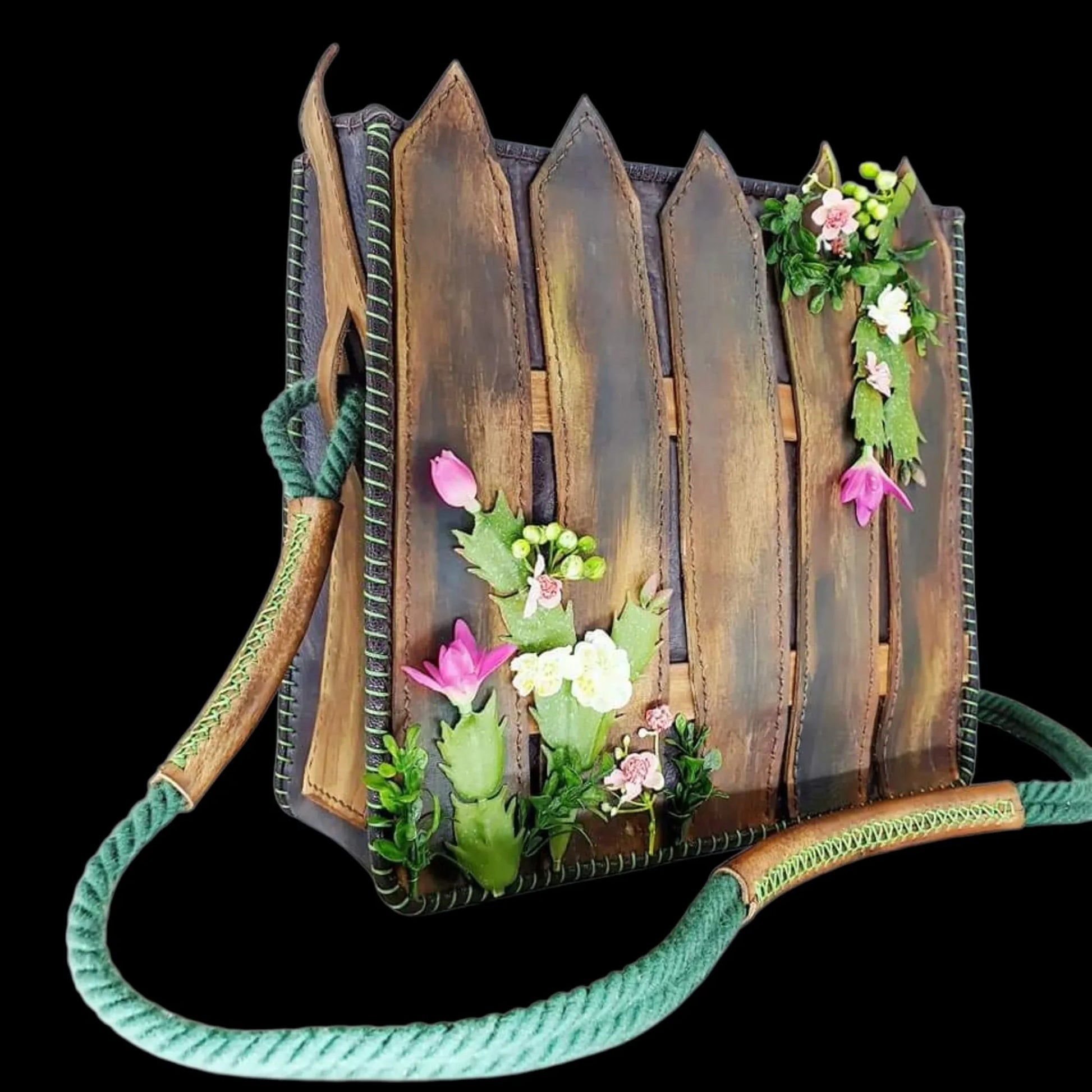Handmade brown leather bag with sculpted leather flowers - AG Design, Arad, Romania
