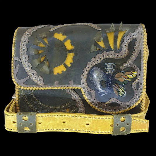 Handmade dark leather bag with a painted sunflower - AG Design, Arad, Romania
