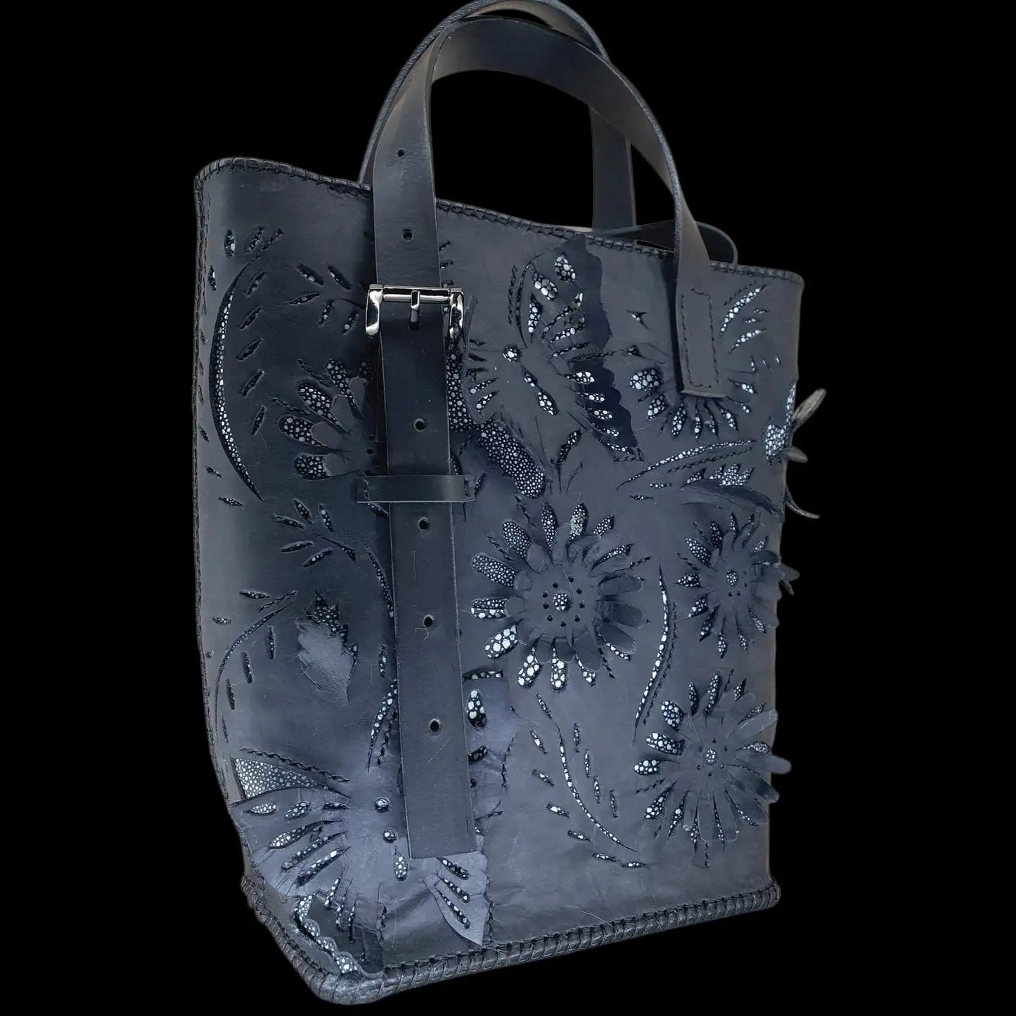 Handmade dark leather tote with sculpted floral detail - AG Design, Arad, Romania
