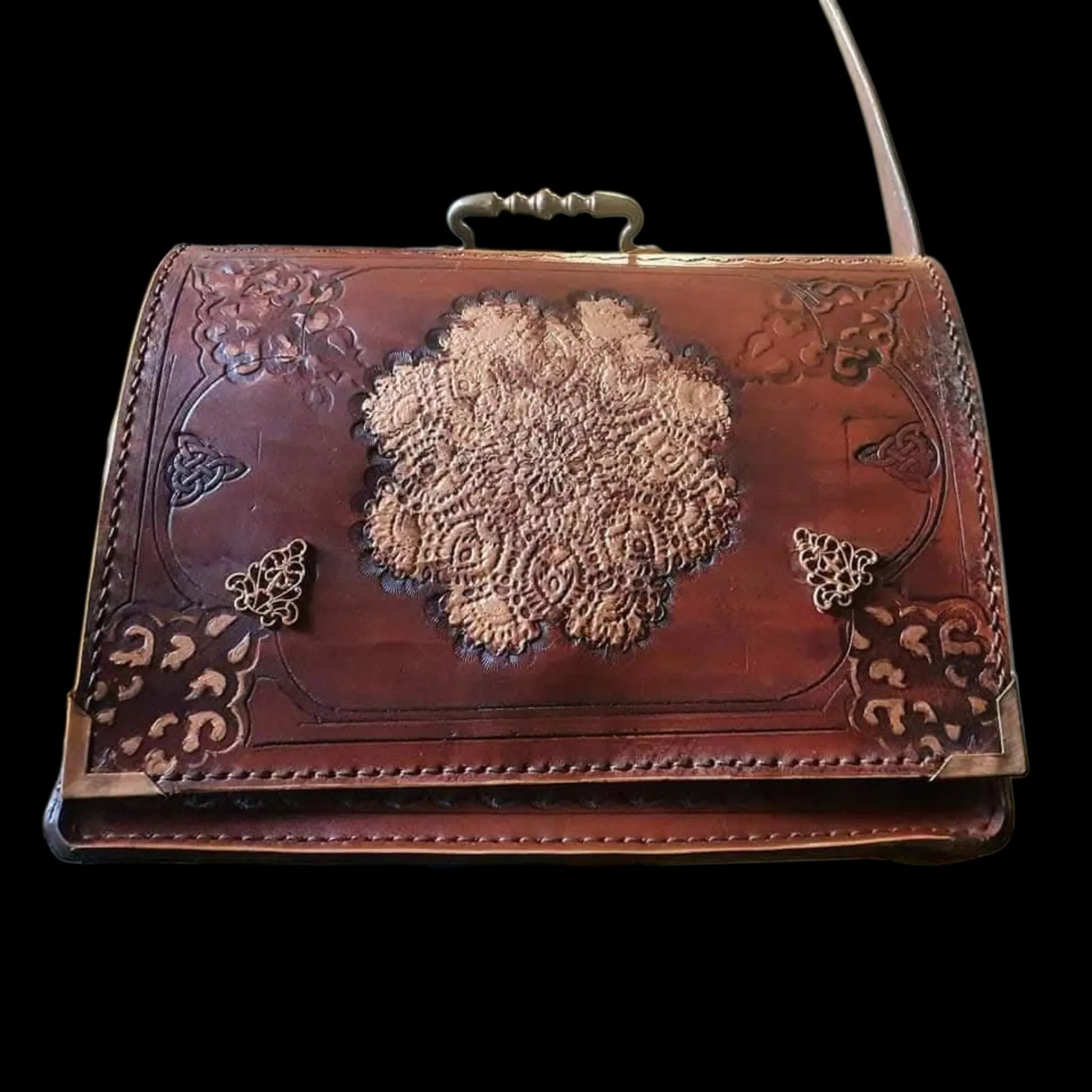 Handmade dark leather bag with a sculpted flower and studs - AG Design, Arad, Romania
