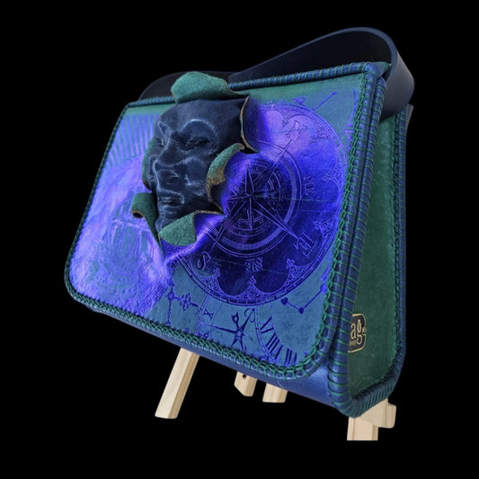 Handmade dark leather bag with a sculpted flower and painting - AG Design, Arad, Romania