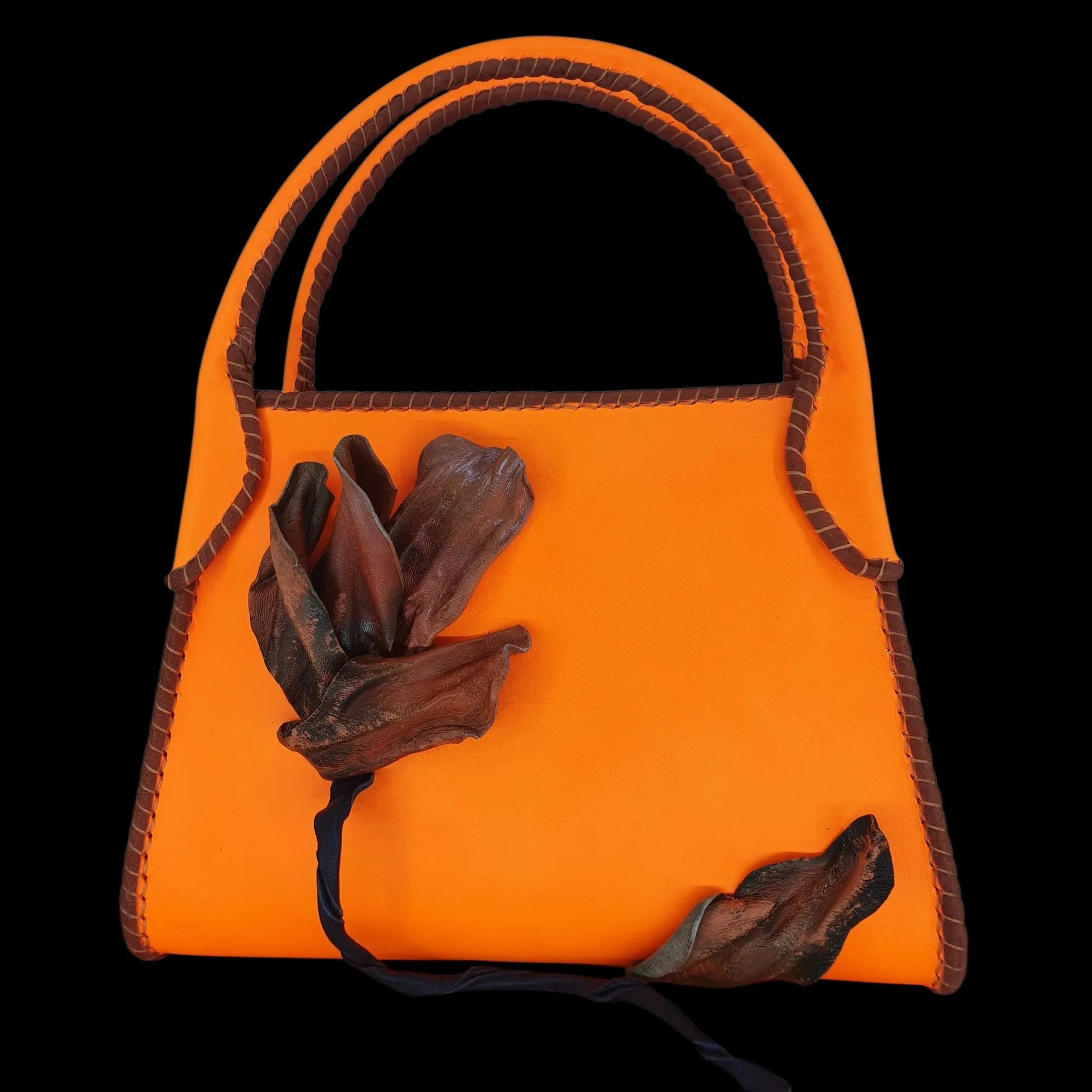Handmade orange leather handbag with a sculpted leather flower - AG Design, Arad, Romania
