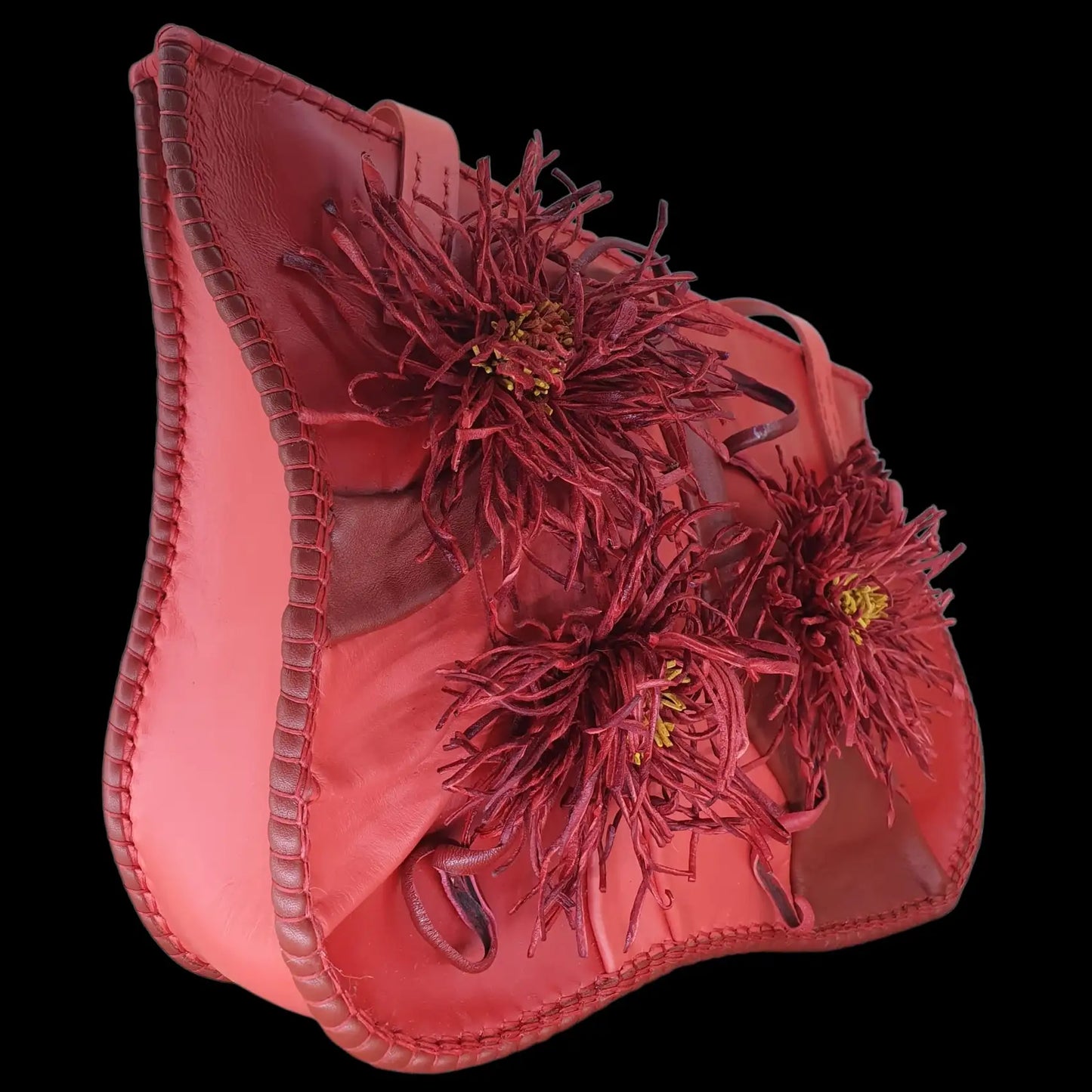 Handmade red leather bag with a large sculpted flower - AG Design, Arad, Romania