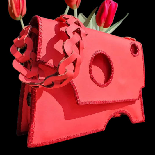 Handmade red leather bag with a sculpted flower and cut-out - AG Design, Arad, Romania