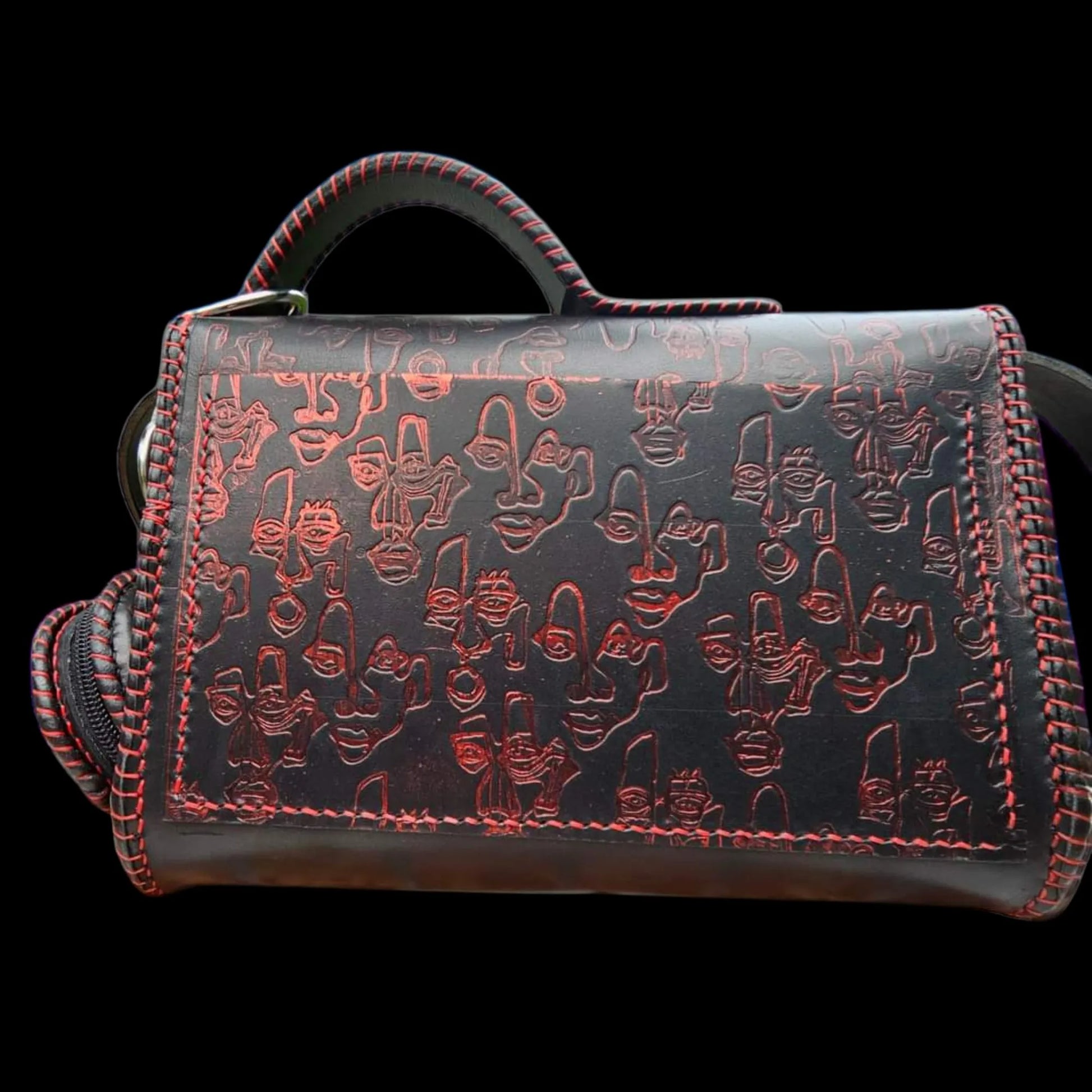 Handmade dark leather bag with a red painted floral pattern - AG Design, Arad, Romania