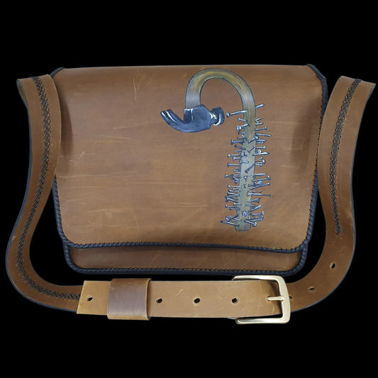 Handmade tan leather clutch with a sculpted flower - AG Design, Arad, Romania