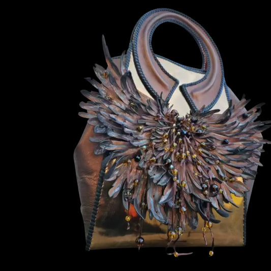 Handmade tan leather bag with a large sculpted spiky flower - AG Design, Arad, Romania