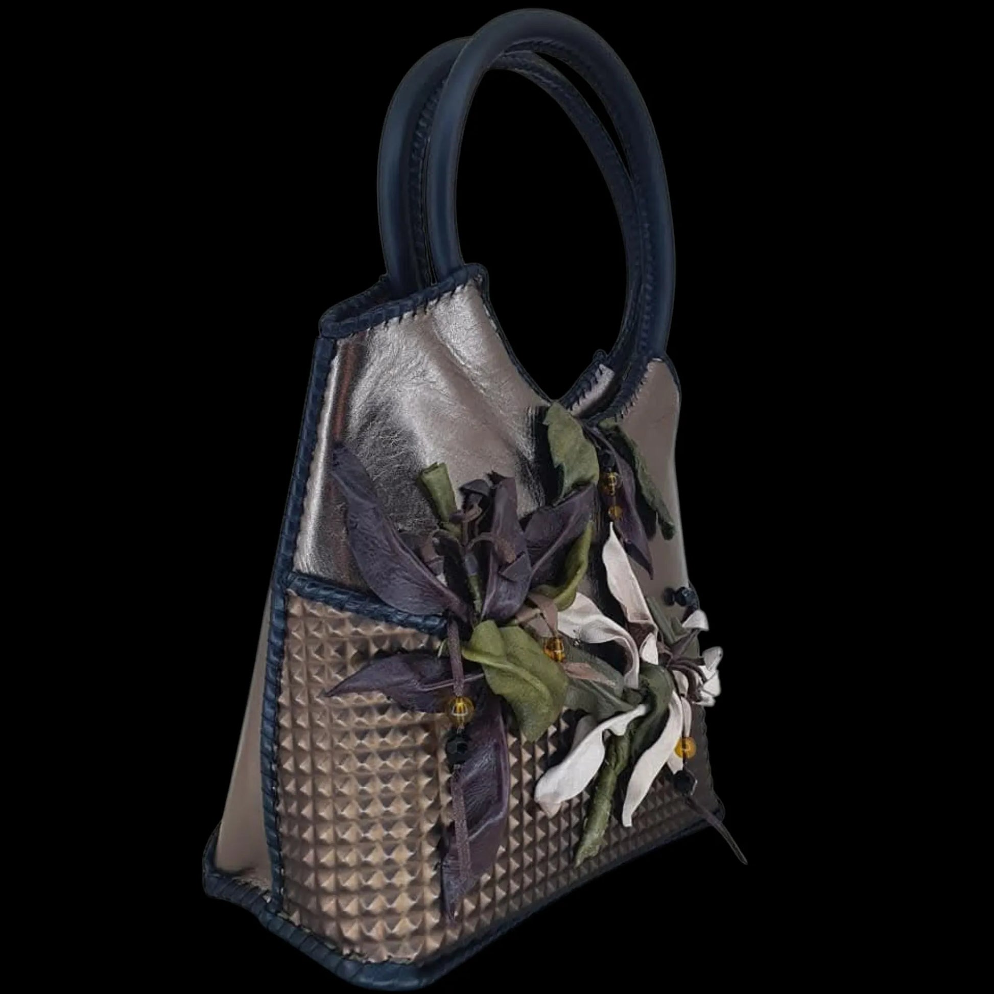 Handmade dark leather bag with a white flower and dotwork - AG Design, Arad, Romania