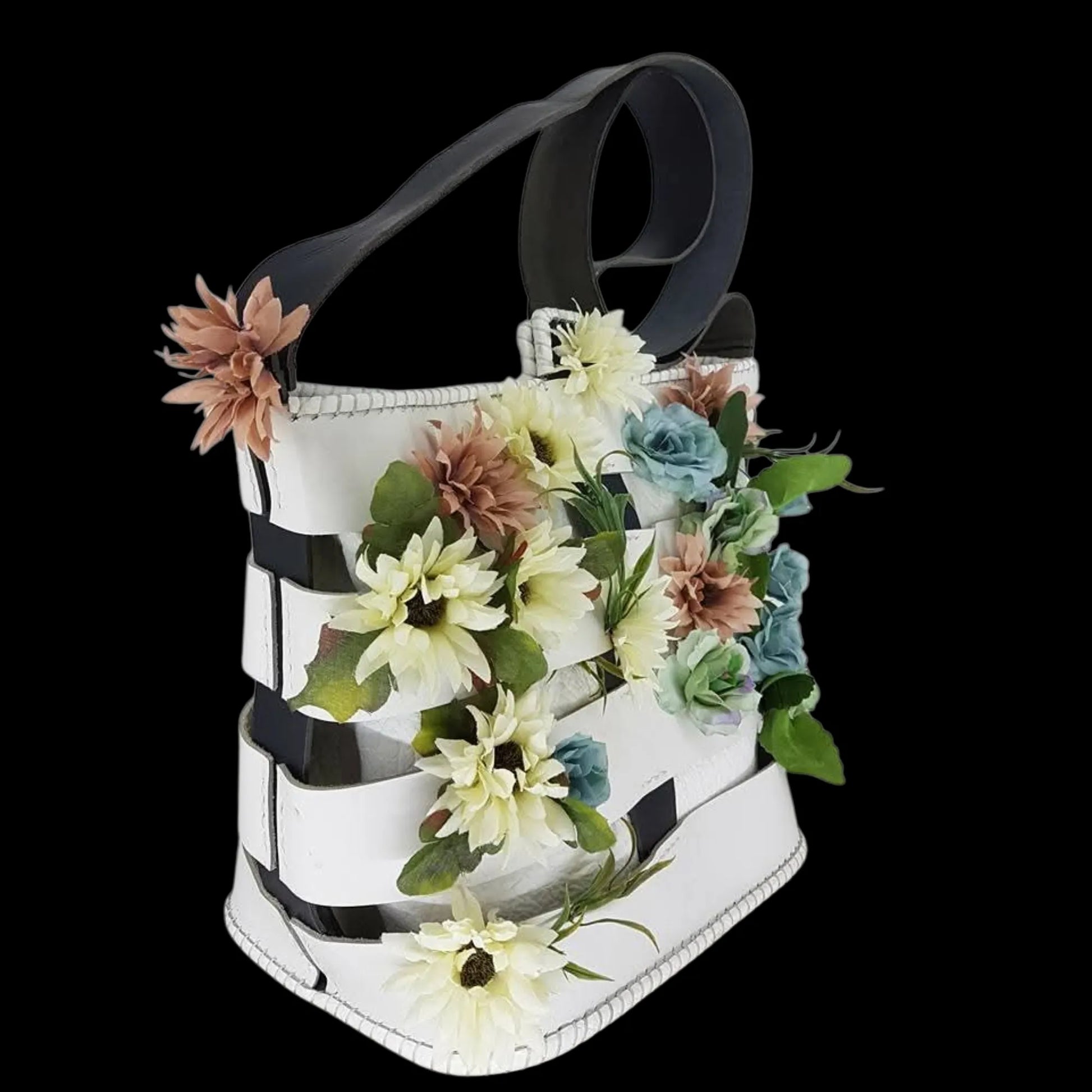 Handmade white striped leather bag with sculpted flowers and a figure - AG Design, Arad, Romania