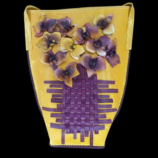 Handmade yellow leather bag with purple leather flowers and a woven panel - AG Design, Arad, Romania