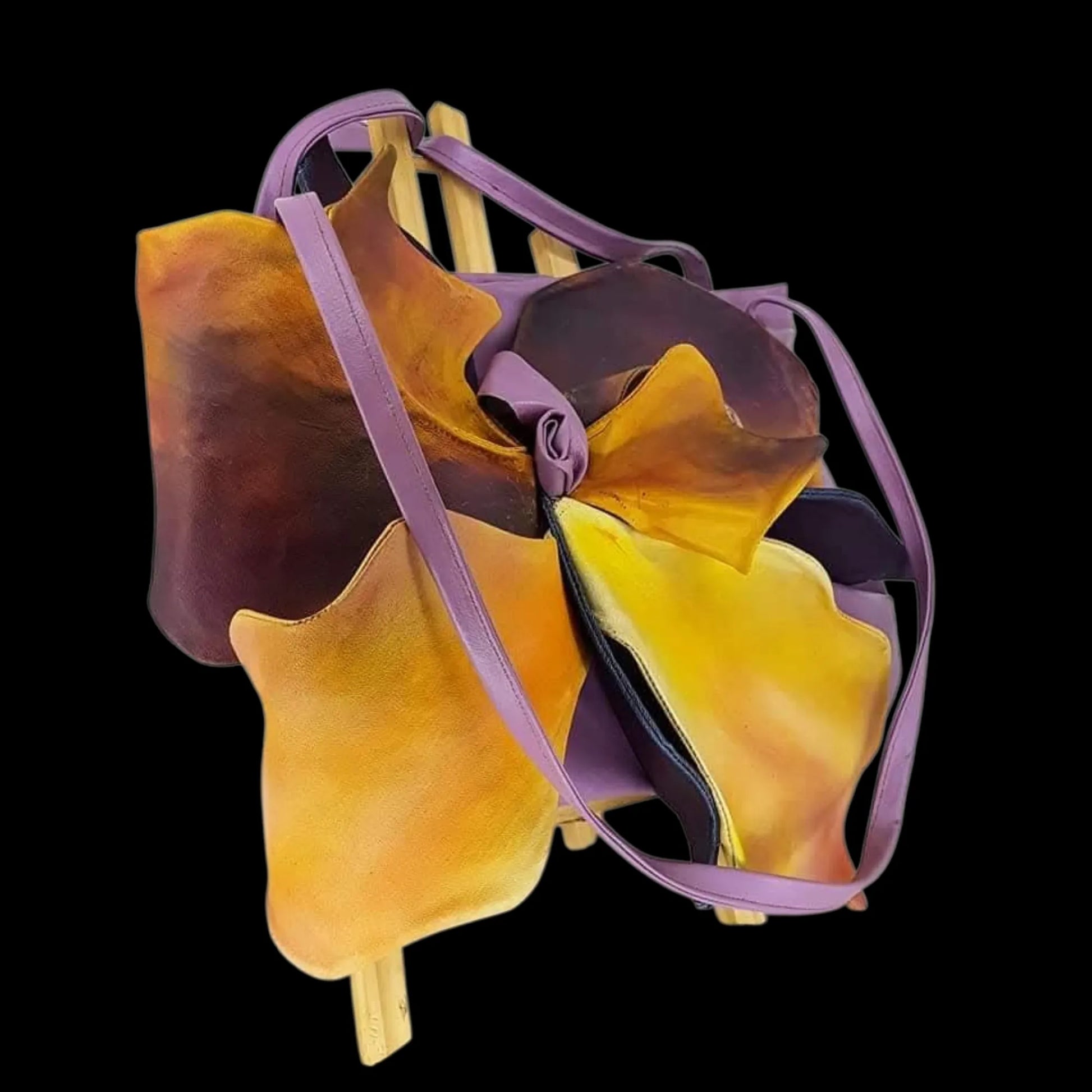 Handmade purple leather bag with a yellow sculpted flower - AG Design, Arad, Romania
