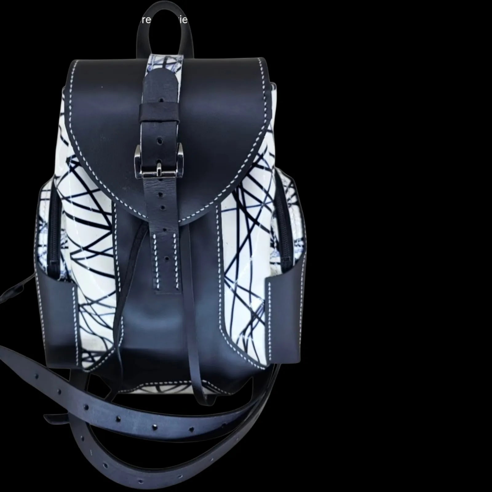 Handmade black leather backpack with continuous black and white line work - AG Design, Arad, Romania