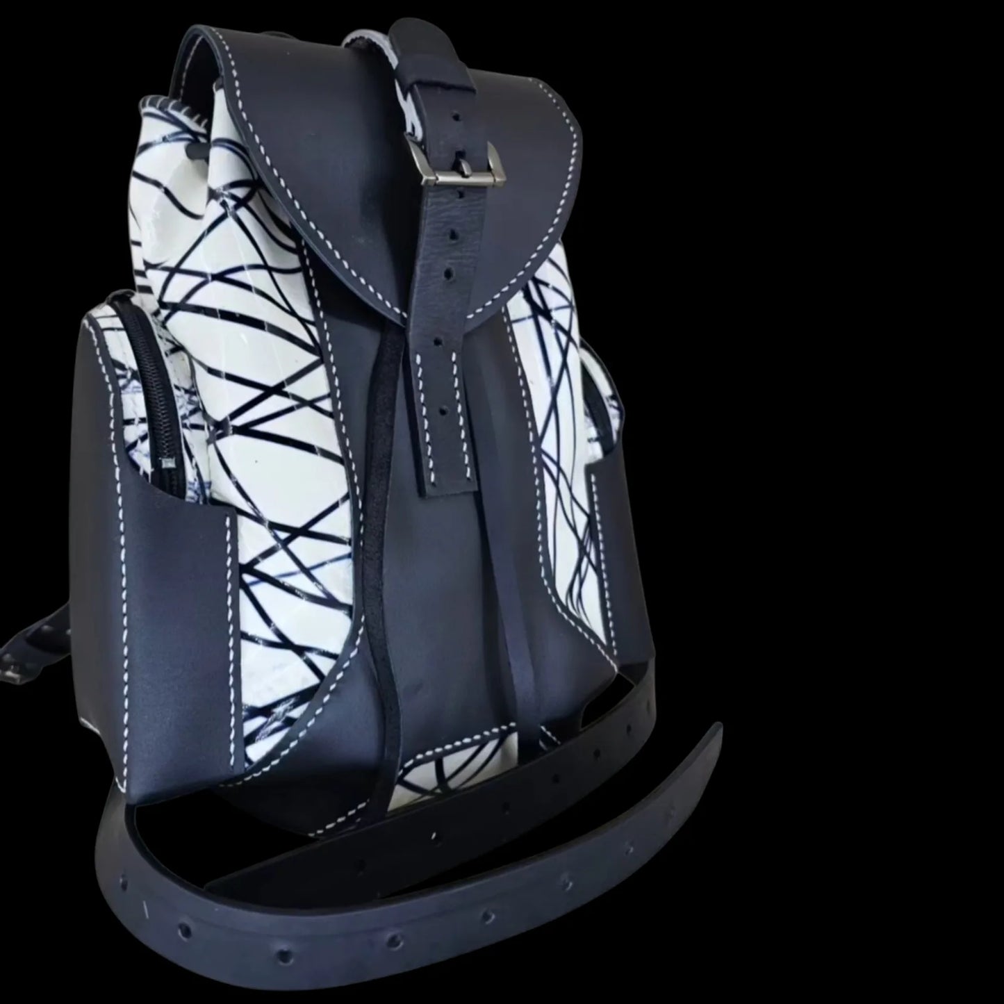 Handmade black leather backpack with continuous black and white line work - AG Design, Arad, Romania
