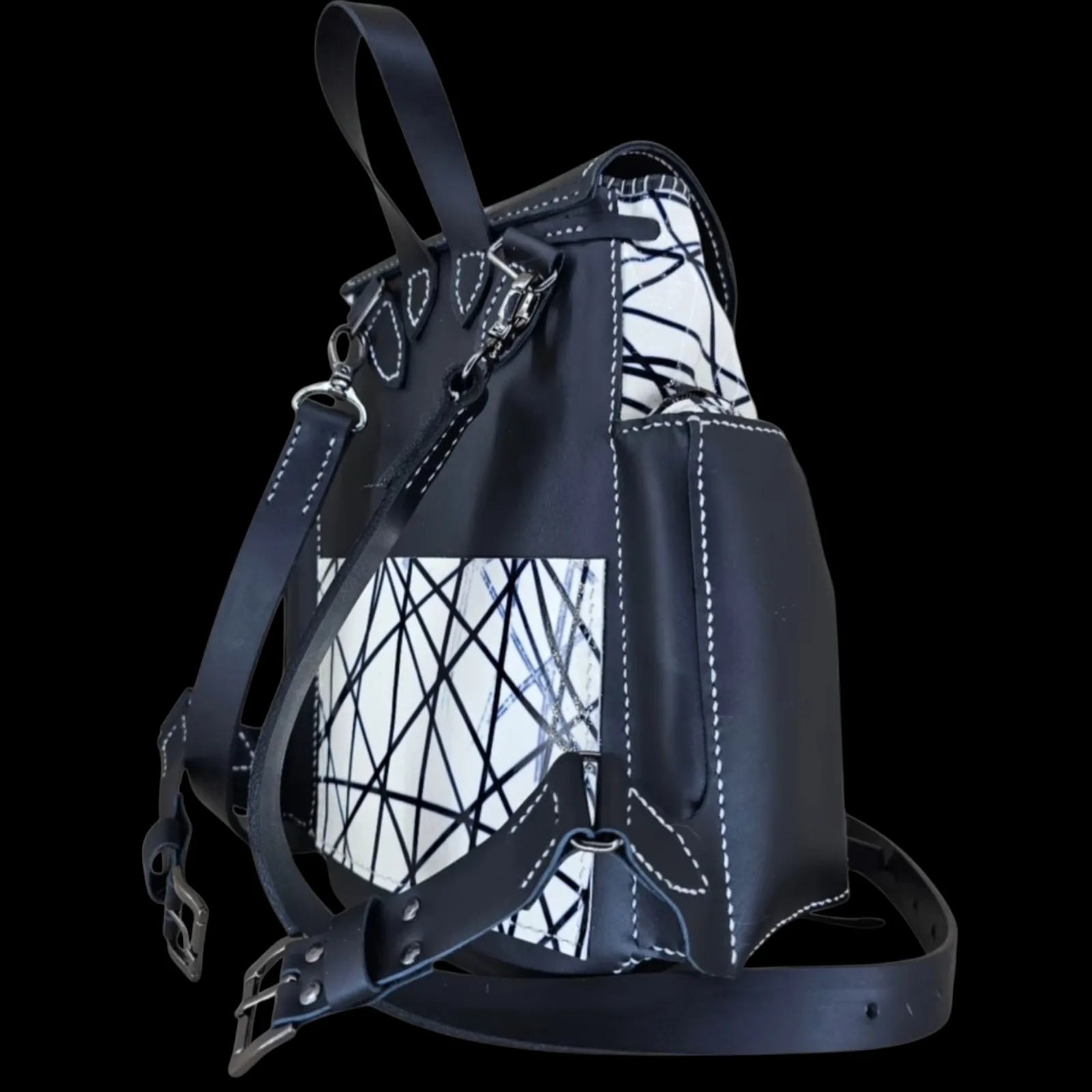 Handmade black leather backpack with continuous black and white line work - AG Design, Arad, Romania