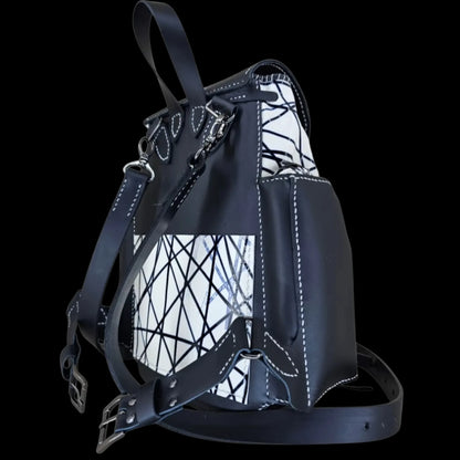 Handmade black leather backpack with continuous black and white line work - AG Design, Arad, Romania