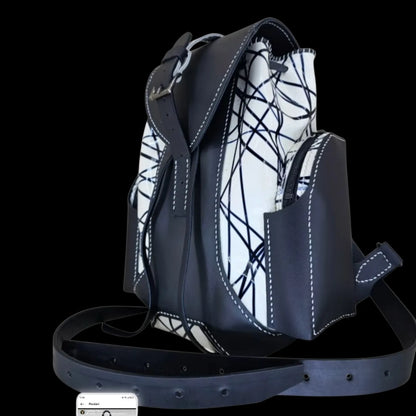 Handmade black leather backpack with continuous black and white line work - AG Design, Arad, Romania