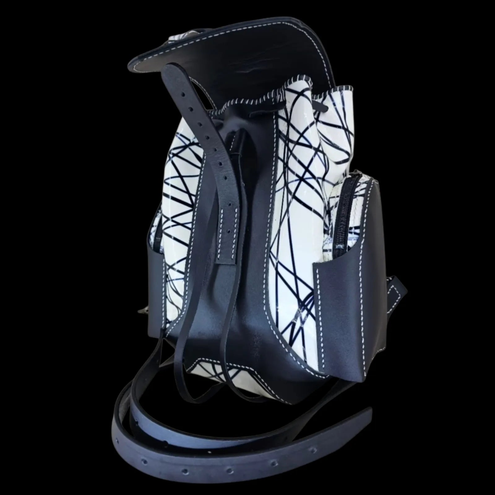 Handmade black leather backpack with continuous black and white line work - AG Design, Arad, Romania
