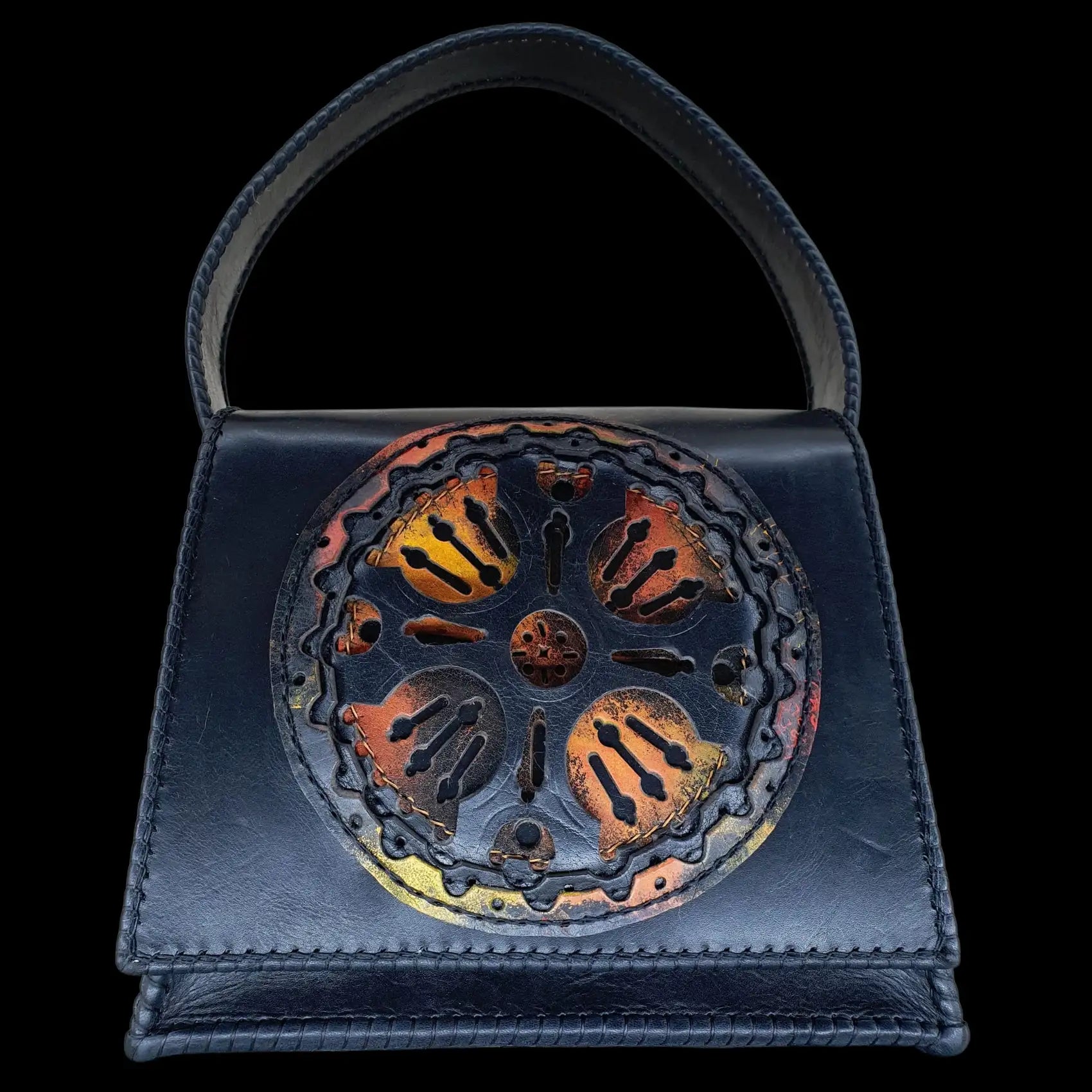 Handmade dark leather bag with a Romanian folk-style design - AG Design, Arad, Romania